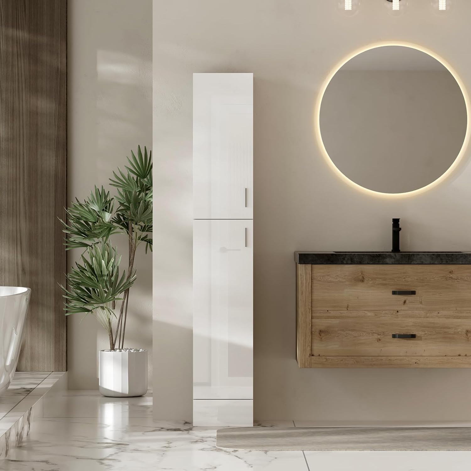High Gloss Tall Bathroom Cabinet 2 Door 4 Shelf White 188cm