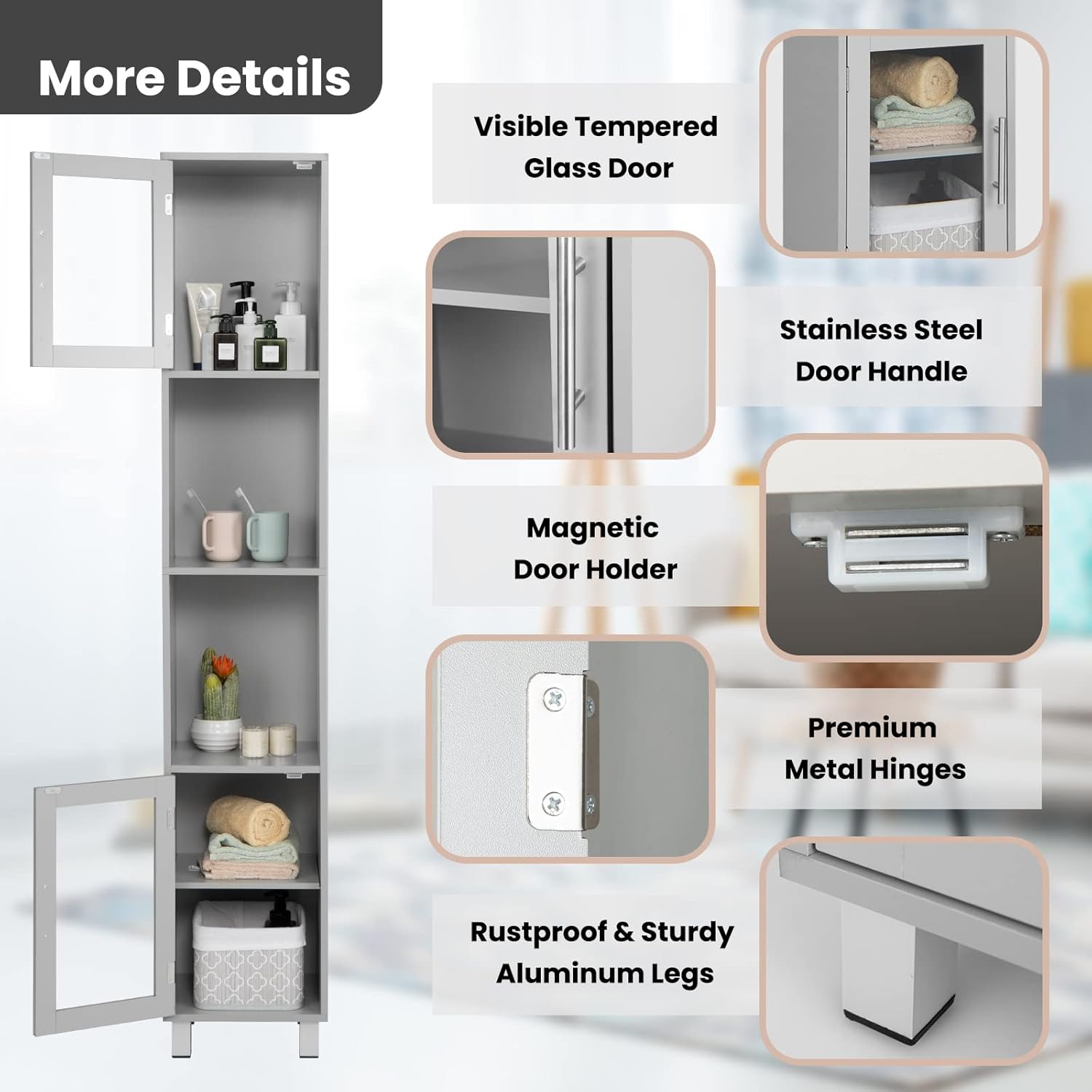 Tall Bathroom Storage Cabinet Slim Grey Cupboard Glass Door Shelf Unit