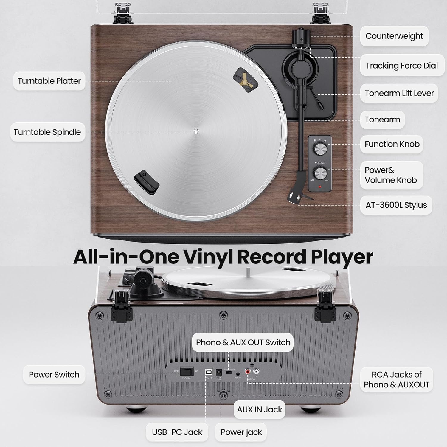 Bluetooth Vinyl Record Player with 4 Stereo Speakers
