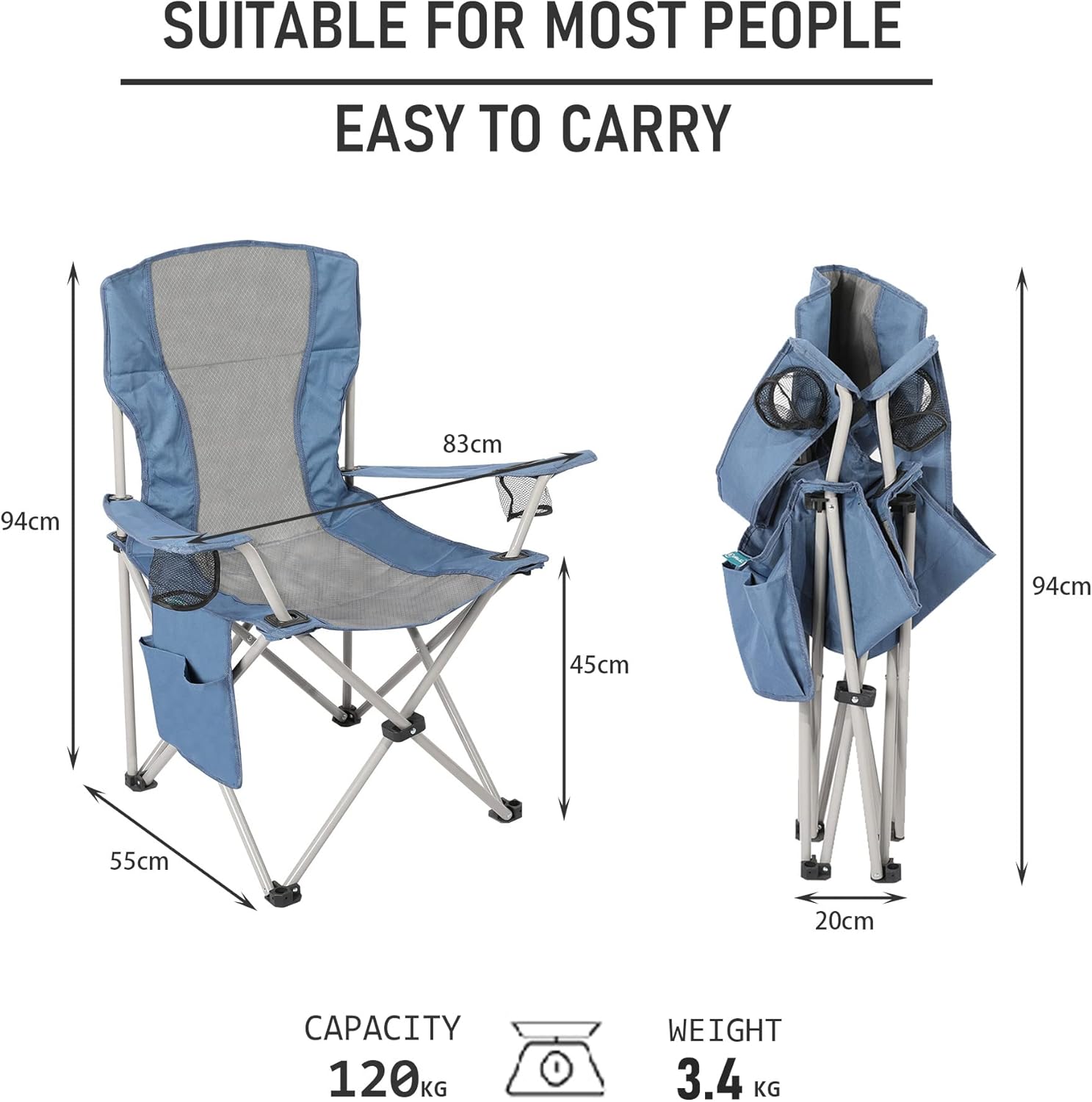 Padded Folding Camping Chair with Side Pocket Blue