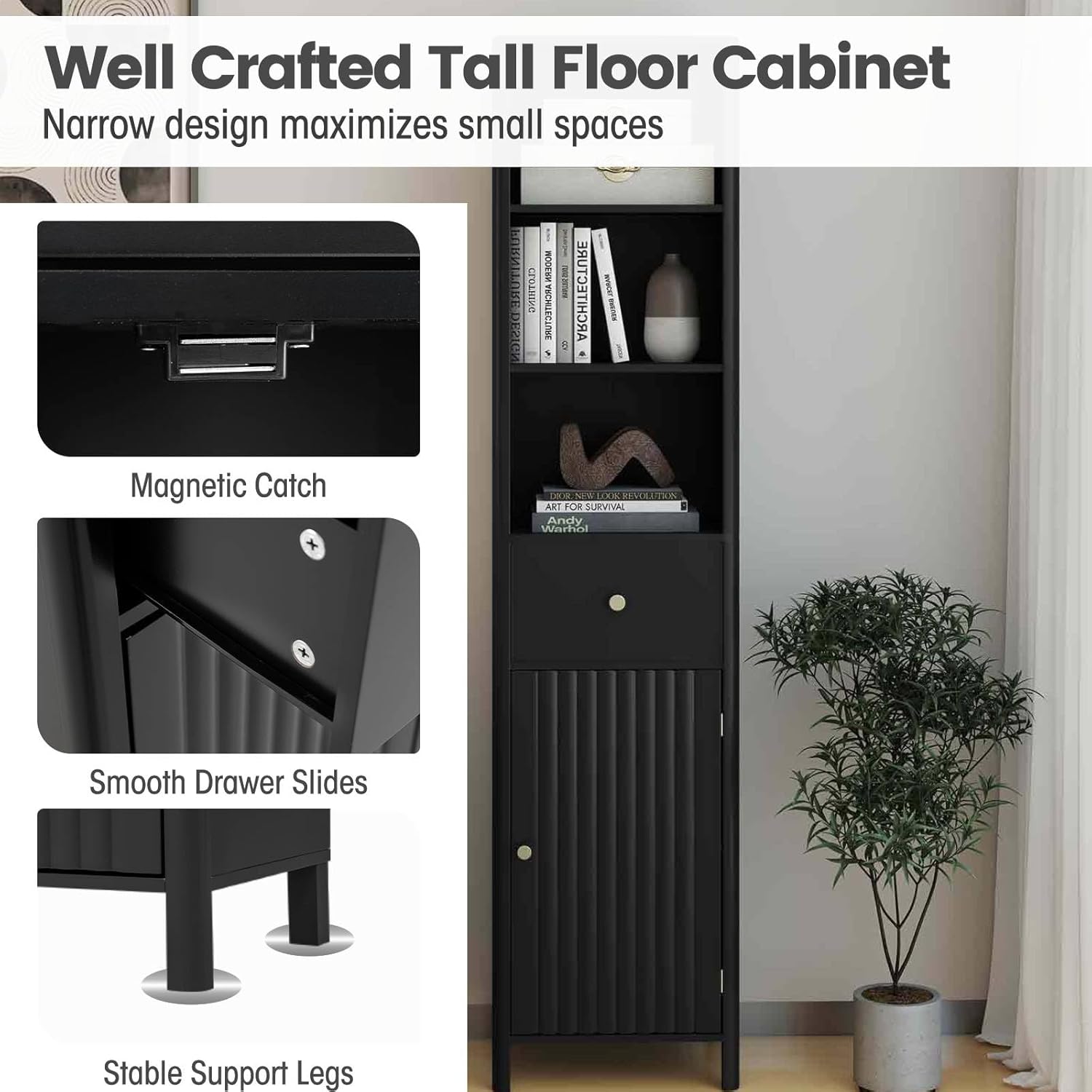 Slim Bathroom Tall Cabinet Drawer Shelf Unit Black