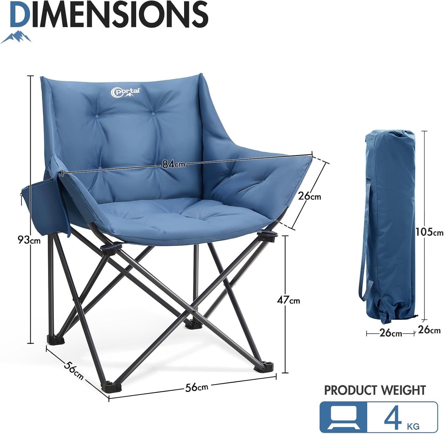 Padded Tub Camping Chair Wide Seat 150KG Blue