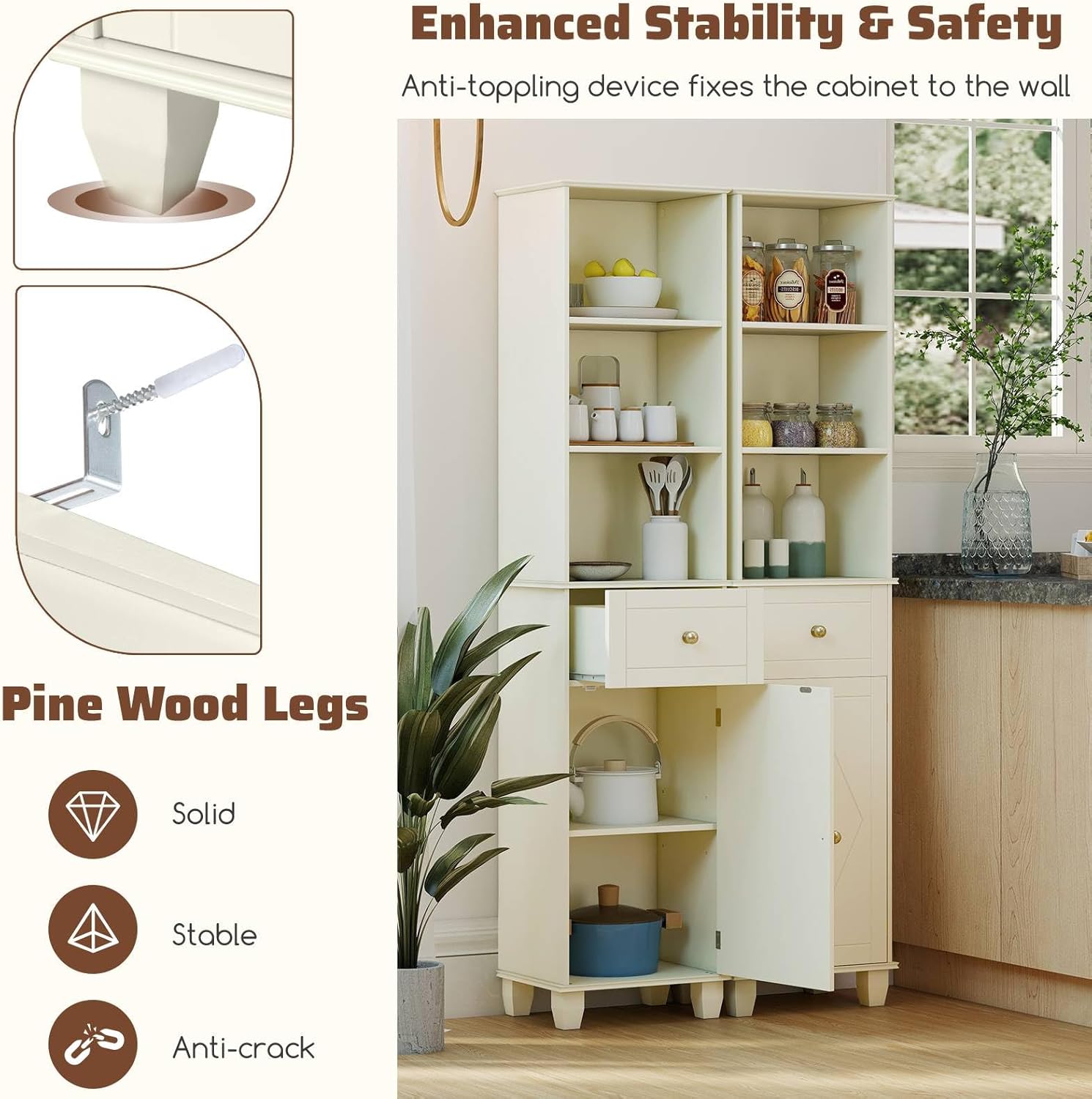 Slim Tall Storage Cabinet Beige Drawer Shelf Door Unit