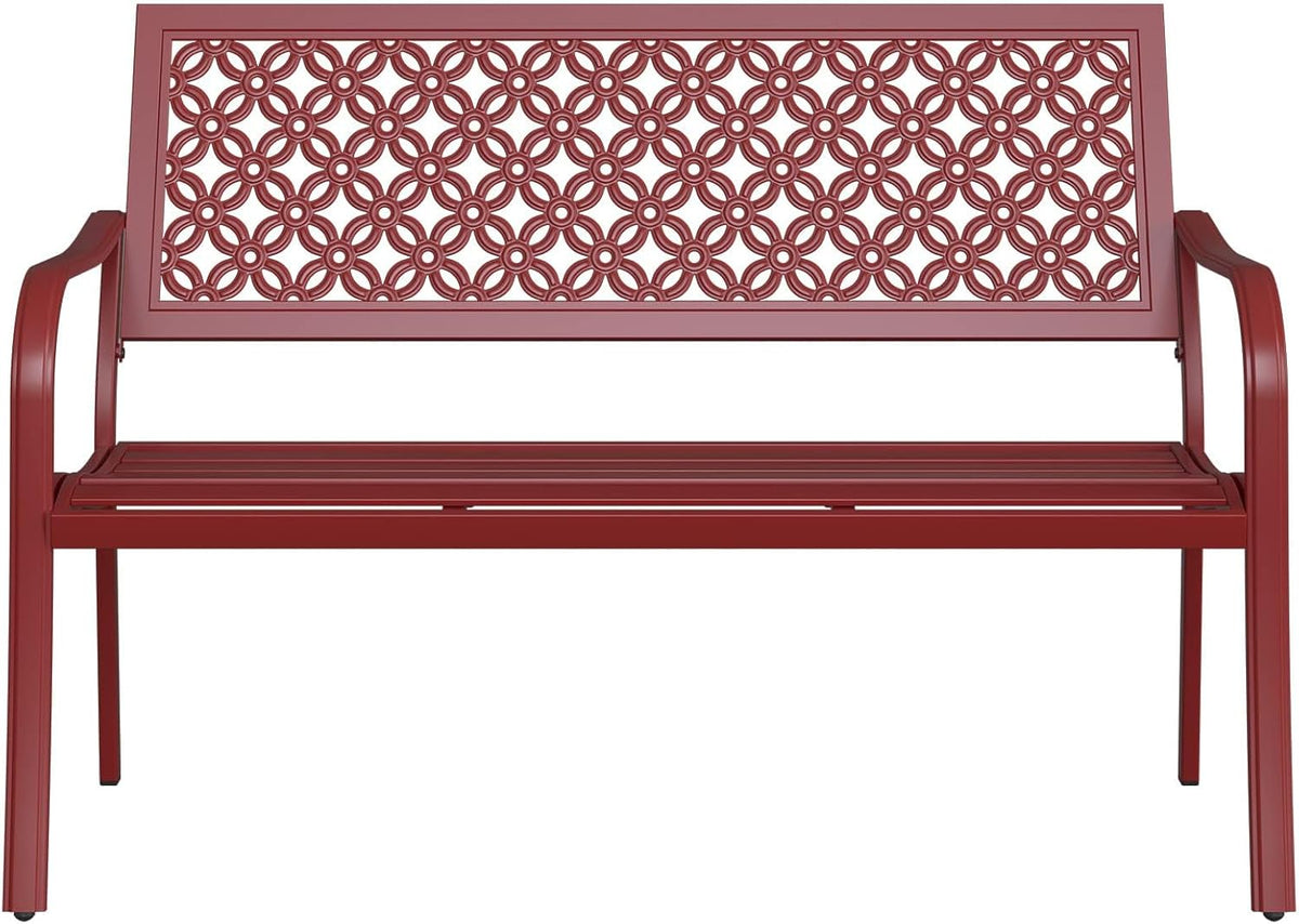 Red Metal Garden Bench 2–3 Seater Outdoor Patio Seat Rust Resistant