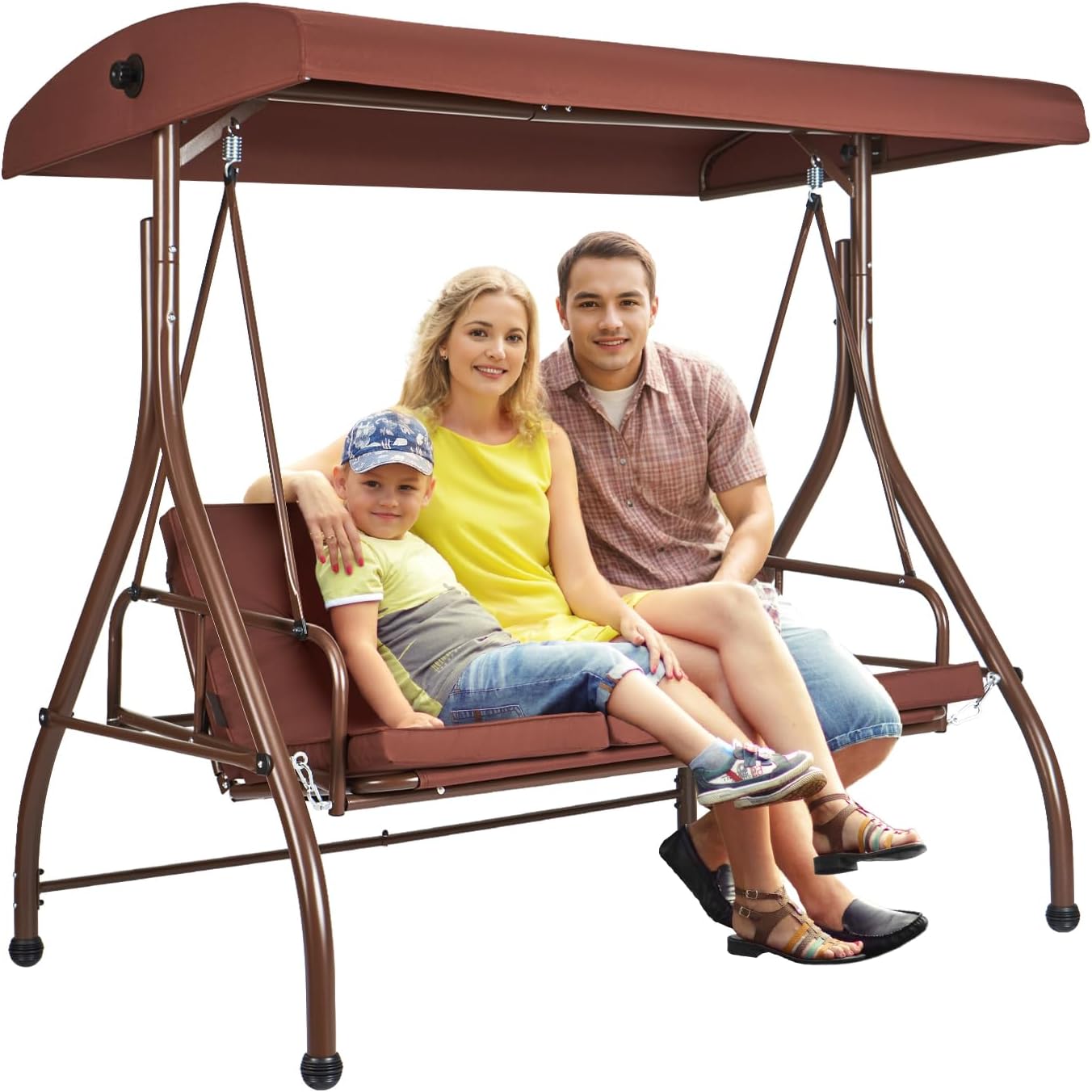 3 Seater Patio Swing Bed Brown Canopy Cushions Steel