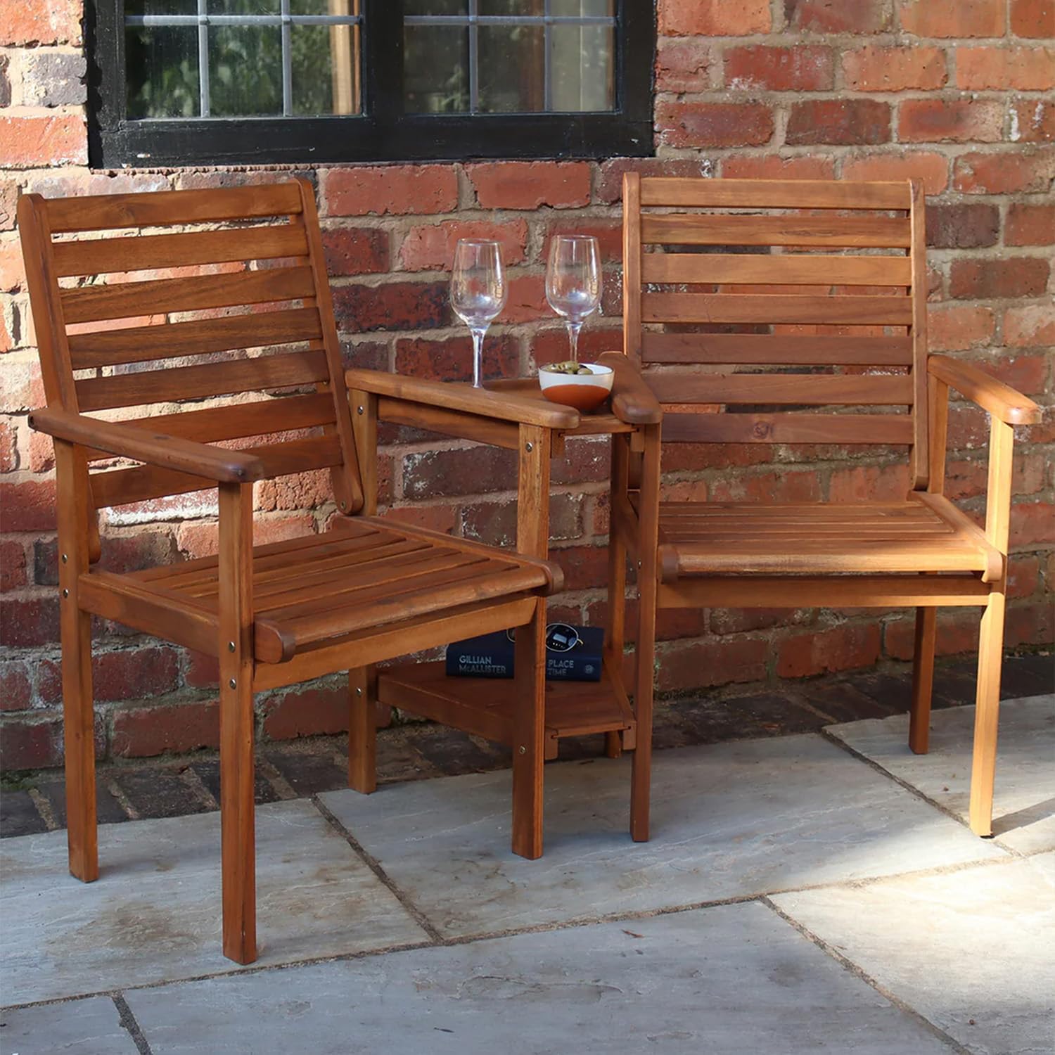 2 Seater Wooden Companion Garden Bench w/Table Parasol Hole