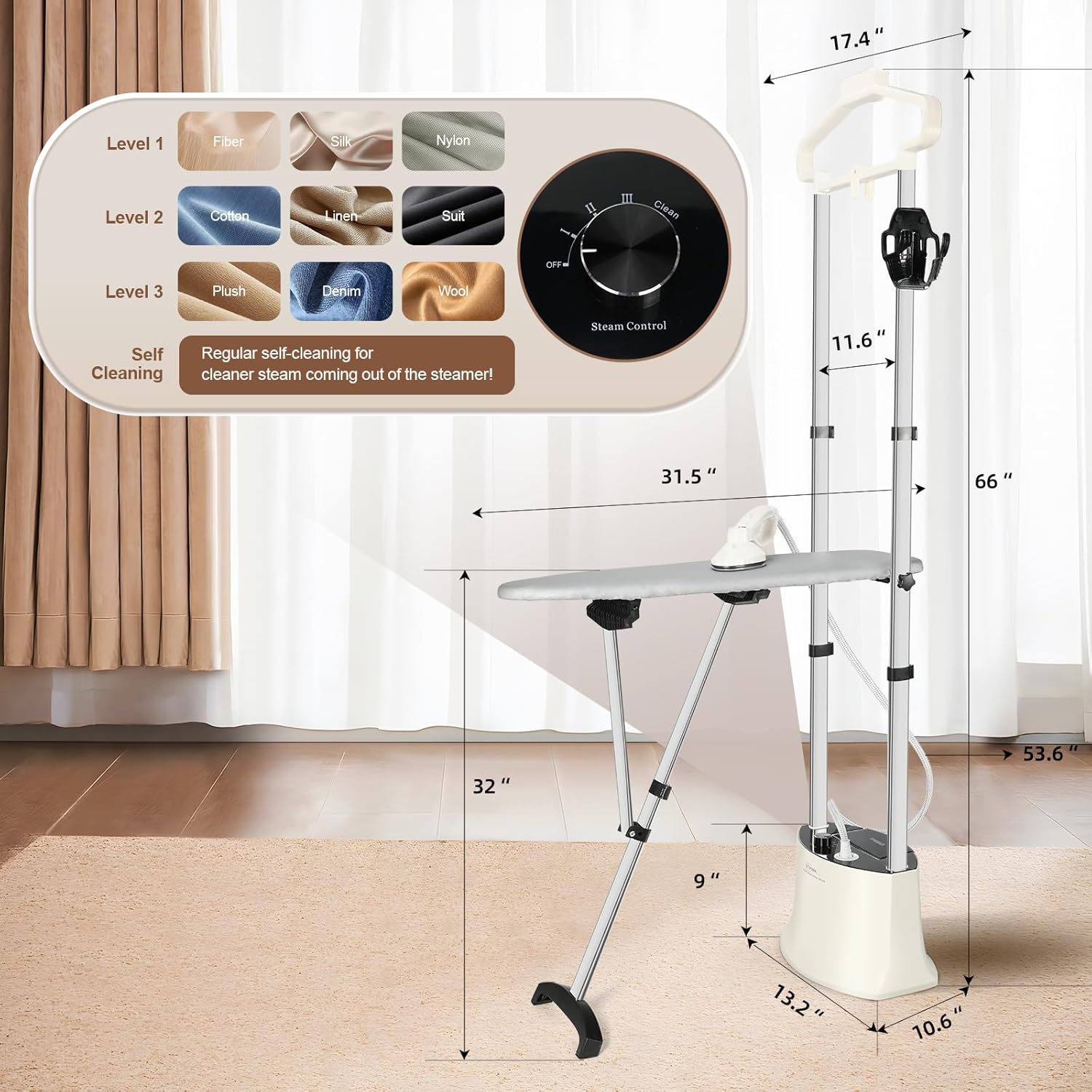 Professional Standing Garment Steamer 1500W 1.6L Fast Heat 25s