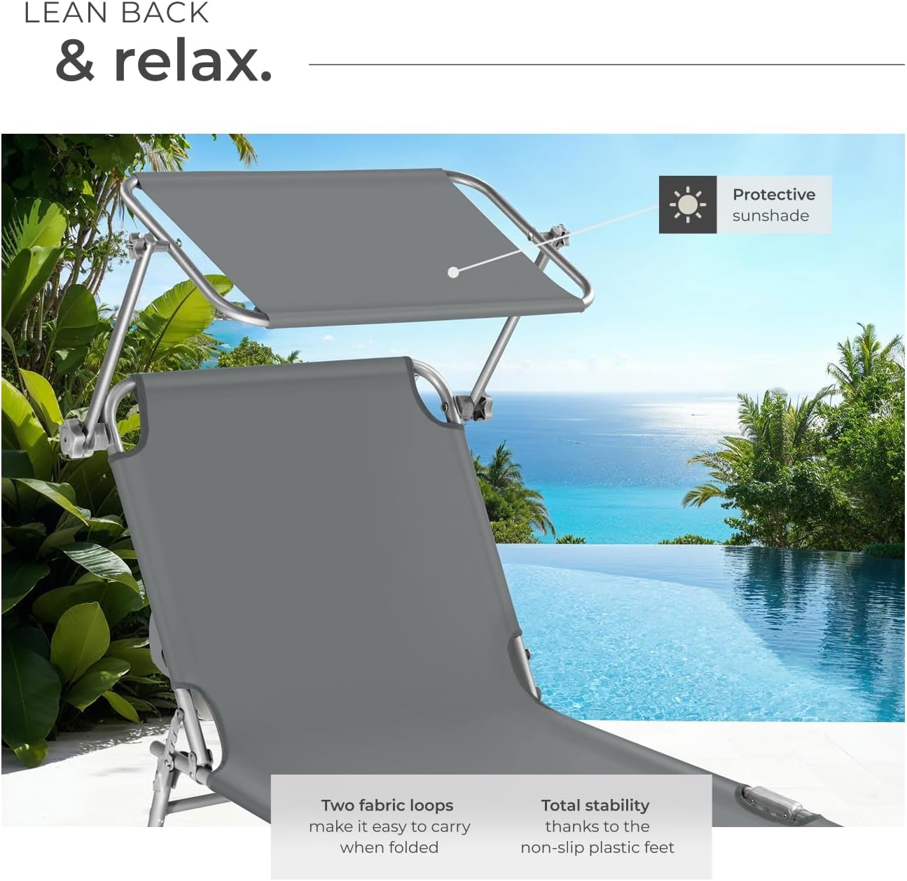 Folding Sun Lounger with Canopy Adjustable Backrest Grey