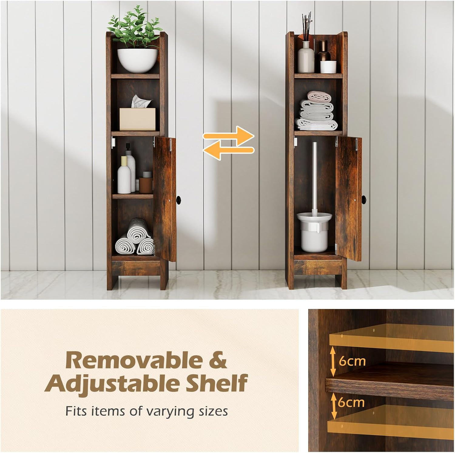 Slim Bathroom Floor Cabinet Toilet Paper Storage Rustic Brown