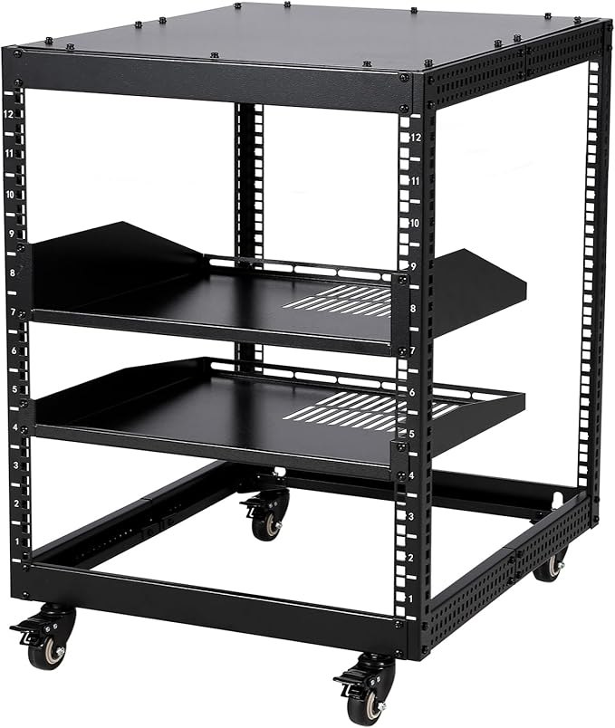 12U Adjustable Open Frame Server Rack with Lockable Wheels