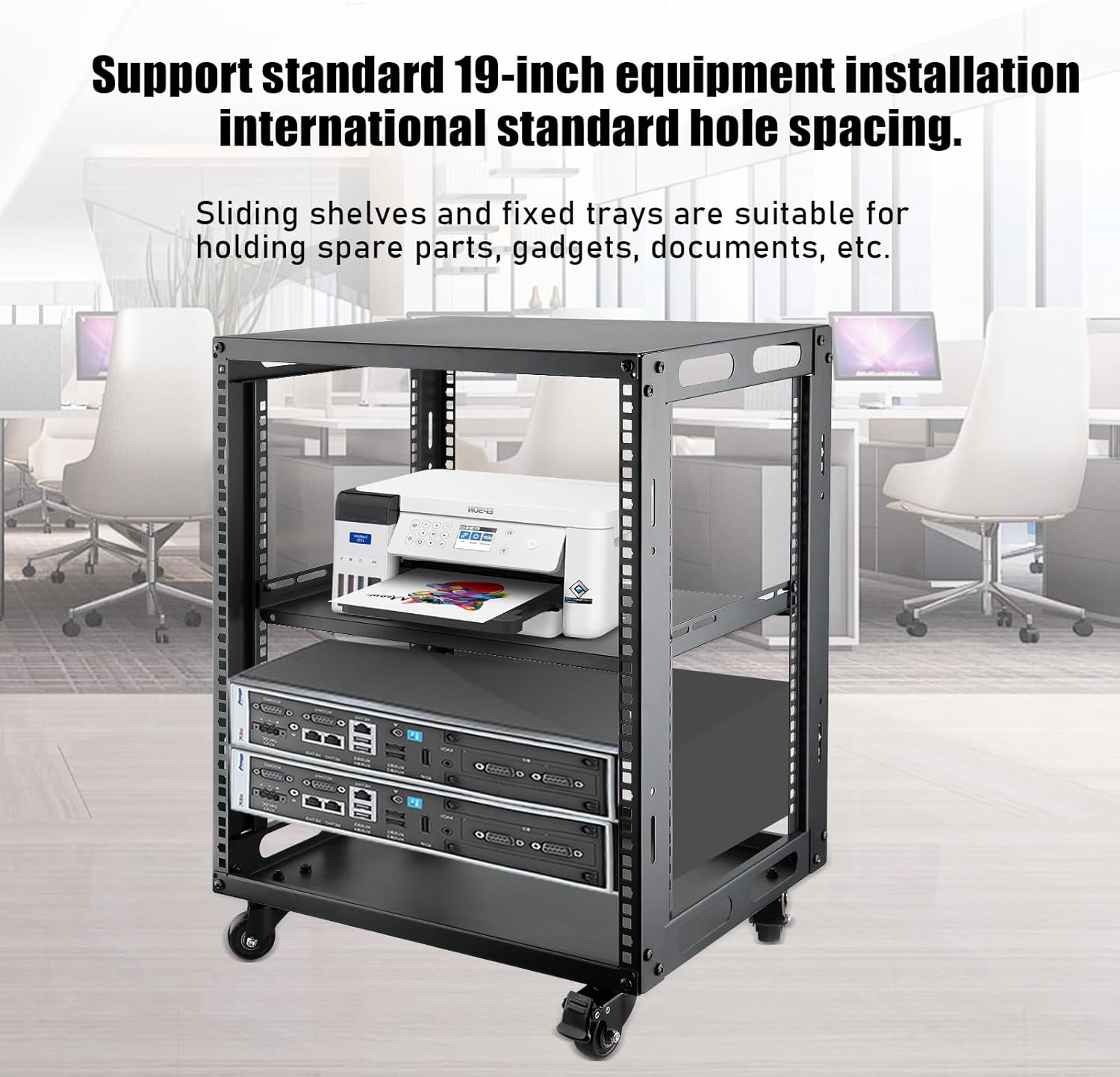 12U Open Frame Server Rack with Wheels 4 Post Mobile Stand