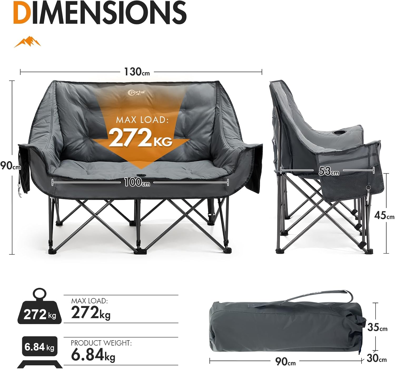 Double Camping Sofa Chair Foldable 2 Seater Padded Grey