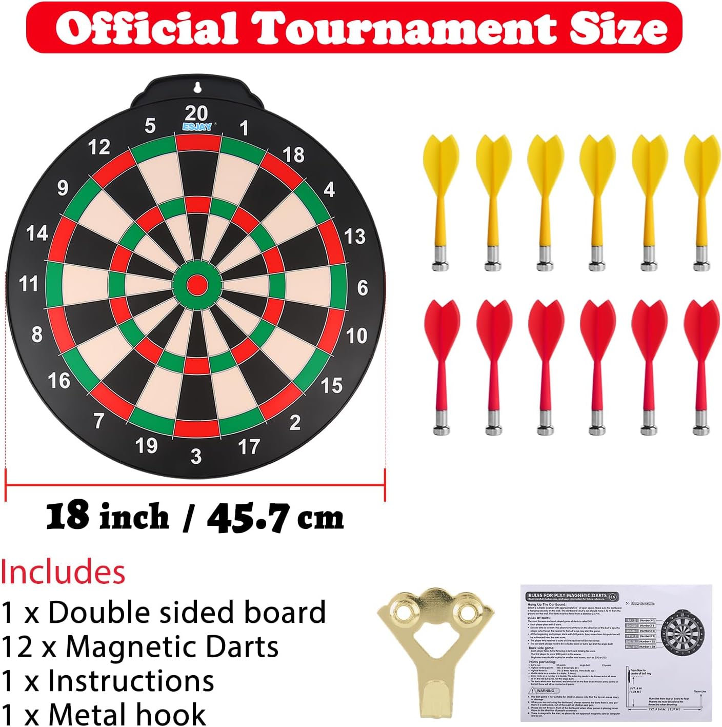 18in Magnetic Dartboard Set Double Sided Kids Game 12 Darts Safe