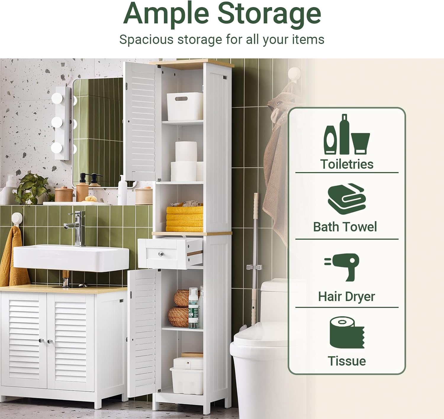Slim Tall Bathroom Cabinet White Natural Louver Storage