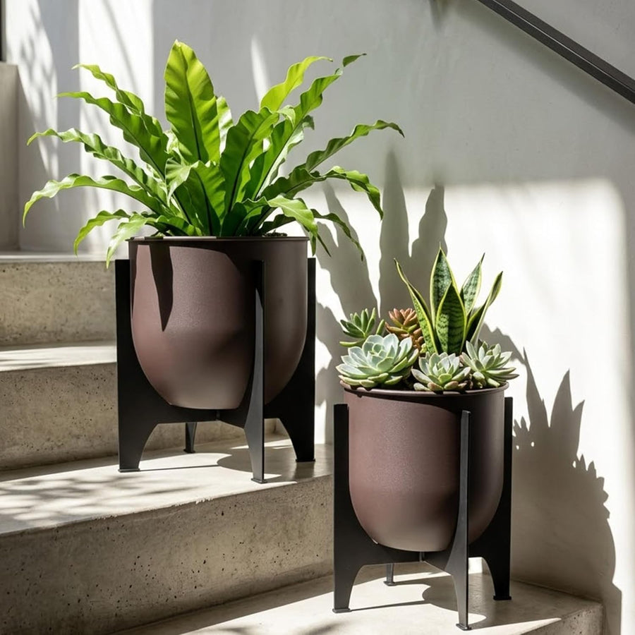 Metal Planters with Stand Set of 2 Brown Indoor Outdoor Pots