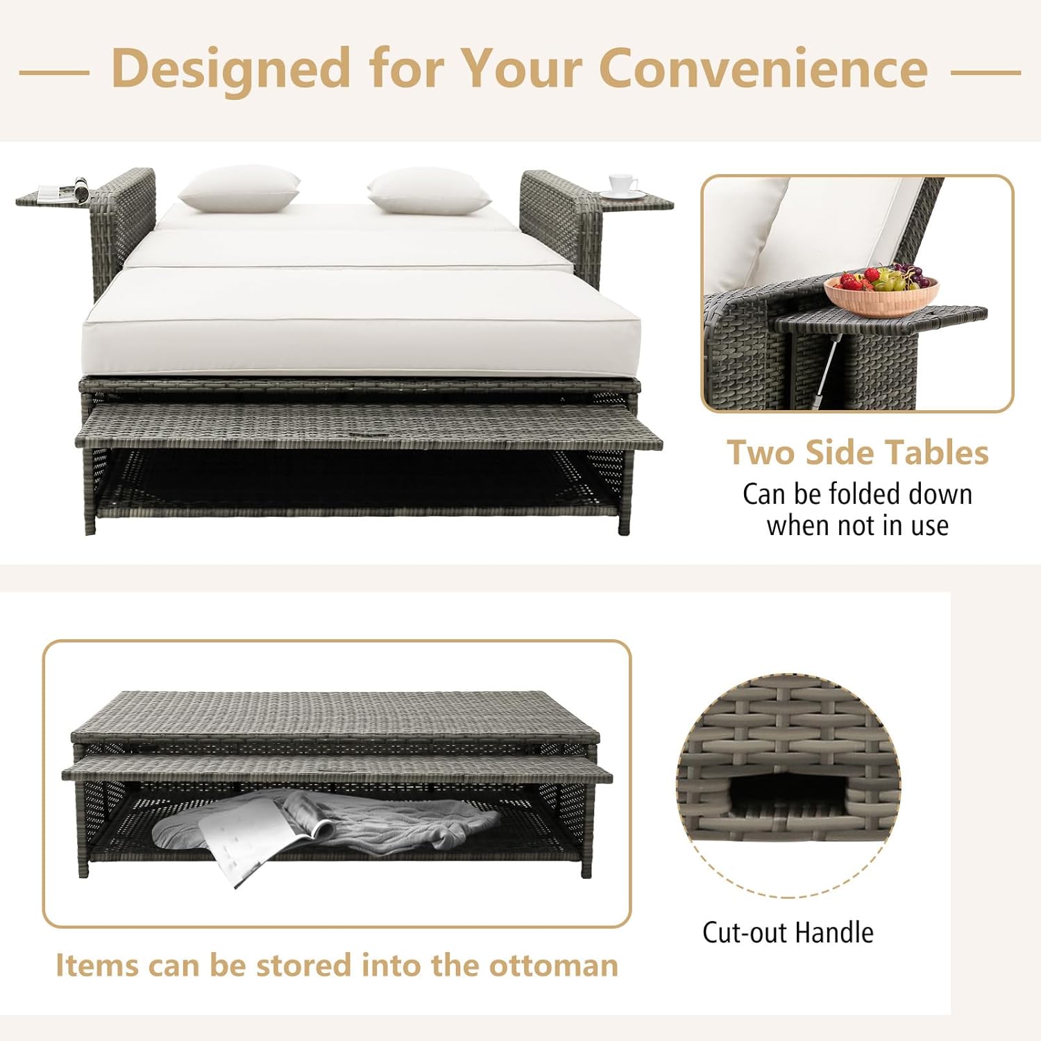 Double Rattan Daybed Sofa Bed with Storage Trays