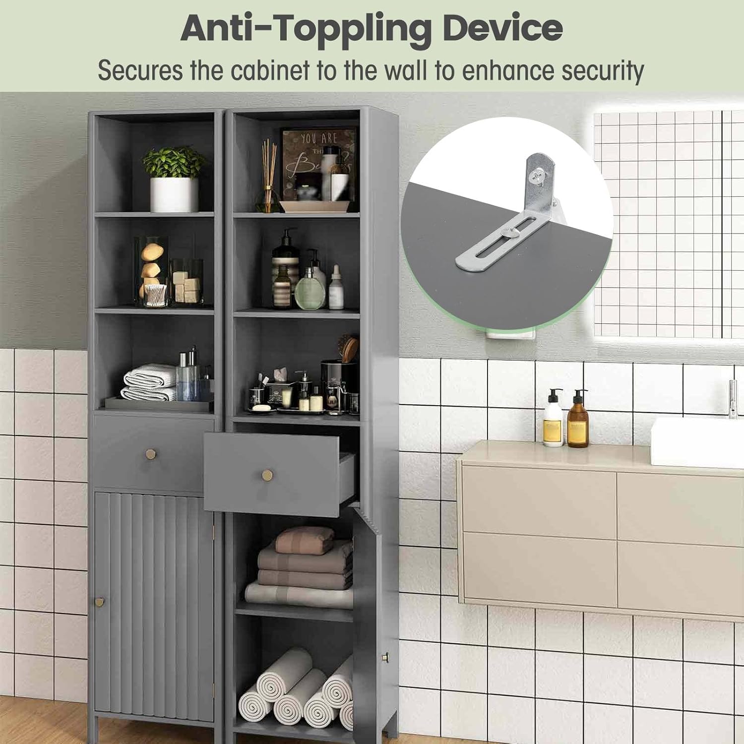 Slim Bathroom Tall Cabinet Drawer Shelf Unit Grey