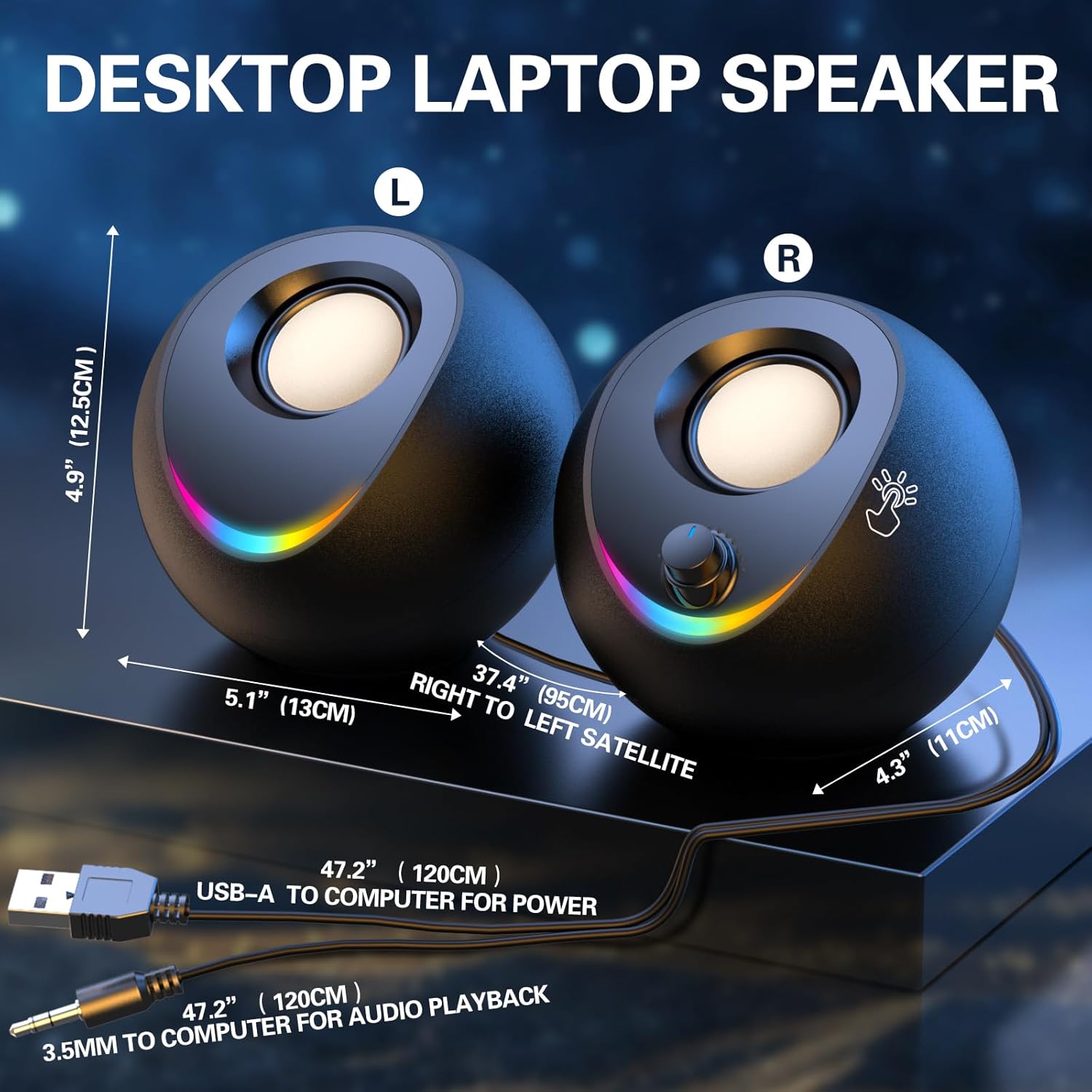 USB Powered PC Speakers Stereo Desktop AUX RGB Touch Lights