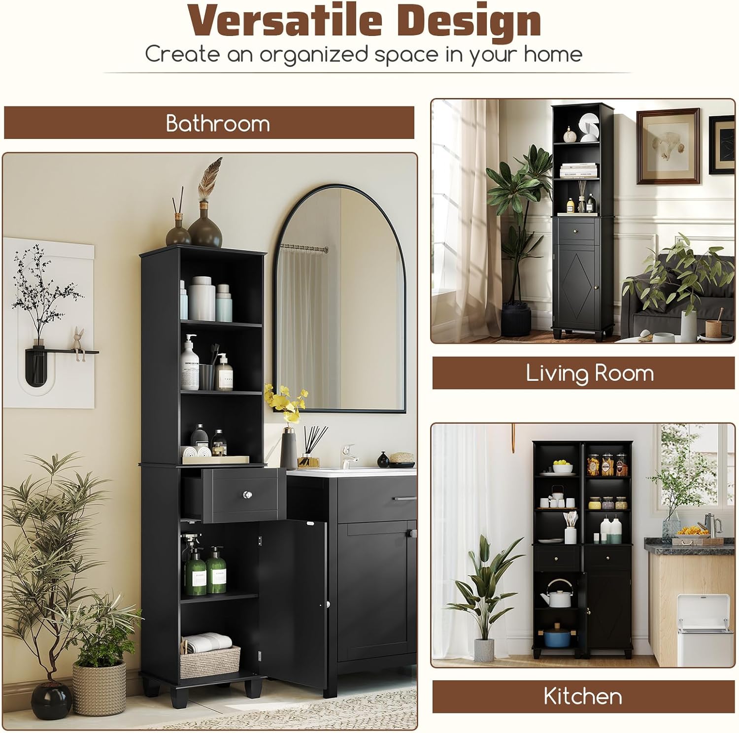 Tall Slim Storage Cabinet Black Drawer Shelves Door Unit