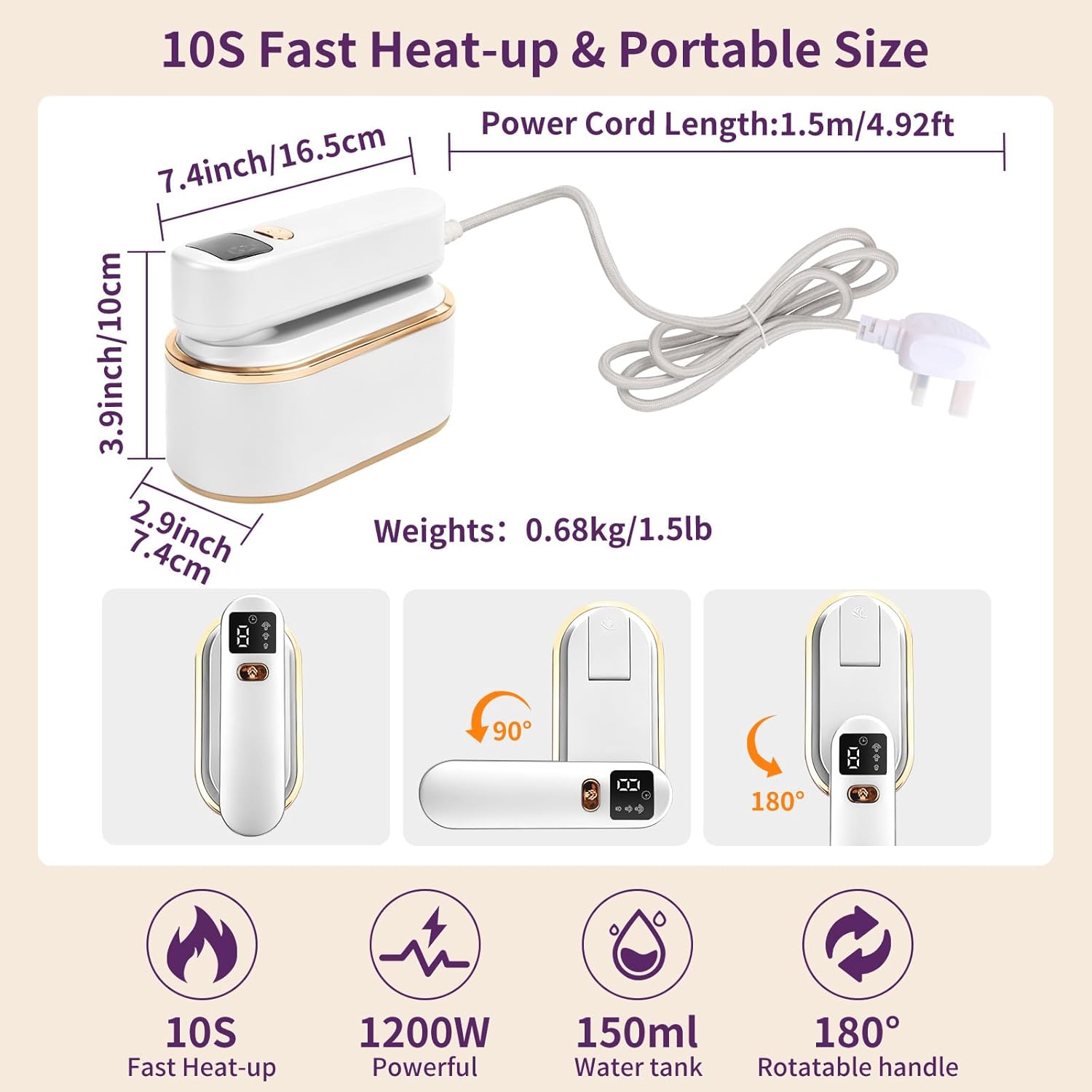 2in1 Travel Garment Steamer Iron 1200W 10s Heat LED Foldable