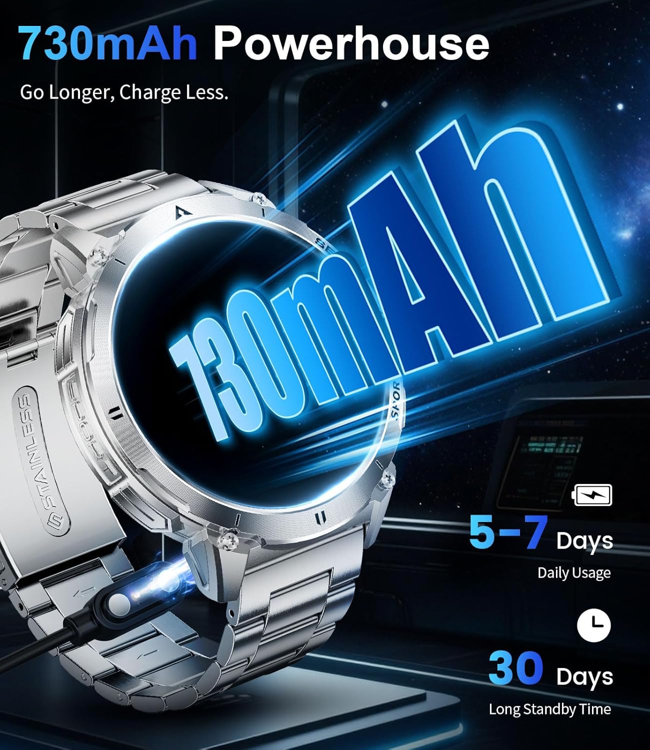 Mens AMOLED Smart Watch Bluetooth Call 730mAh LED Flashlight