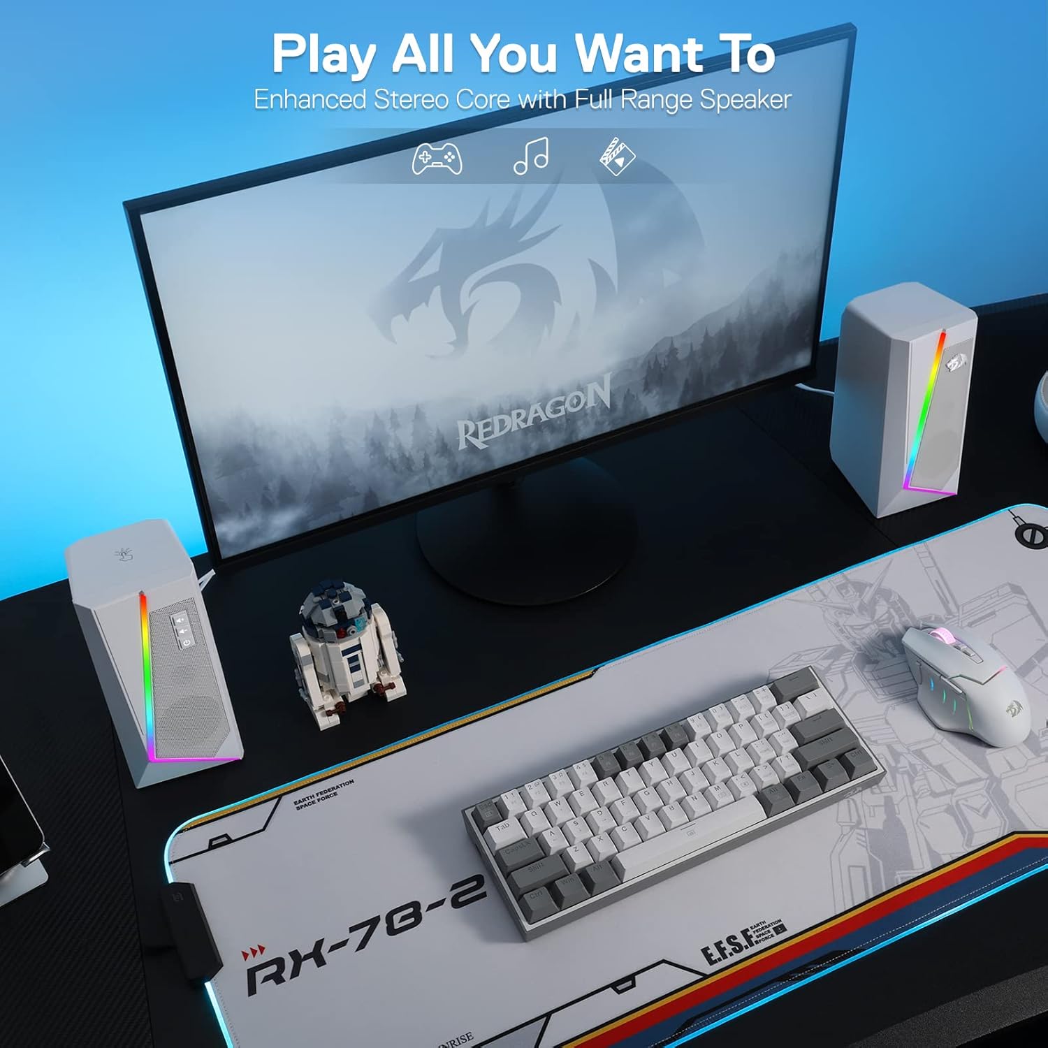 PC Speakers RGB Stereo USB Powered Desktop Audio White Bass