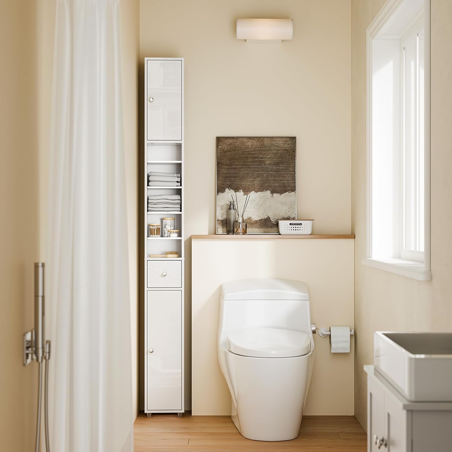 Slim Tall Bathroom Cabinet Gloss White 6 Shelves 180cm