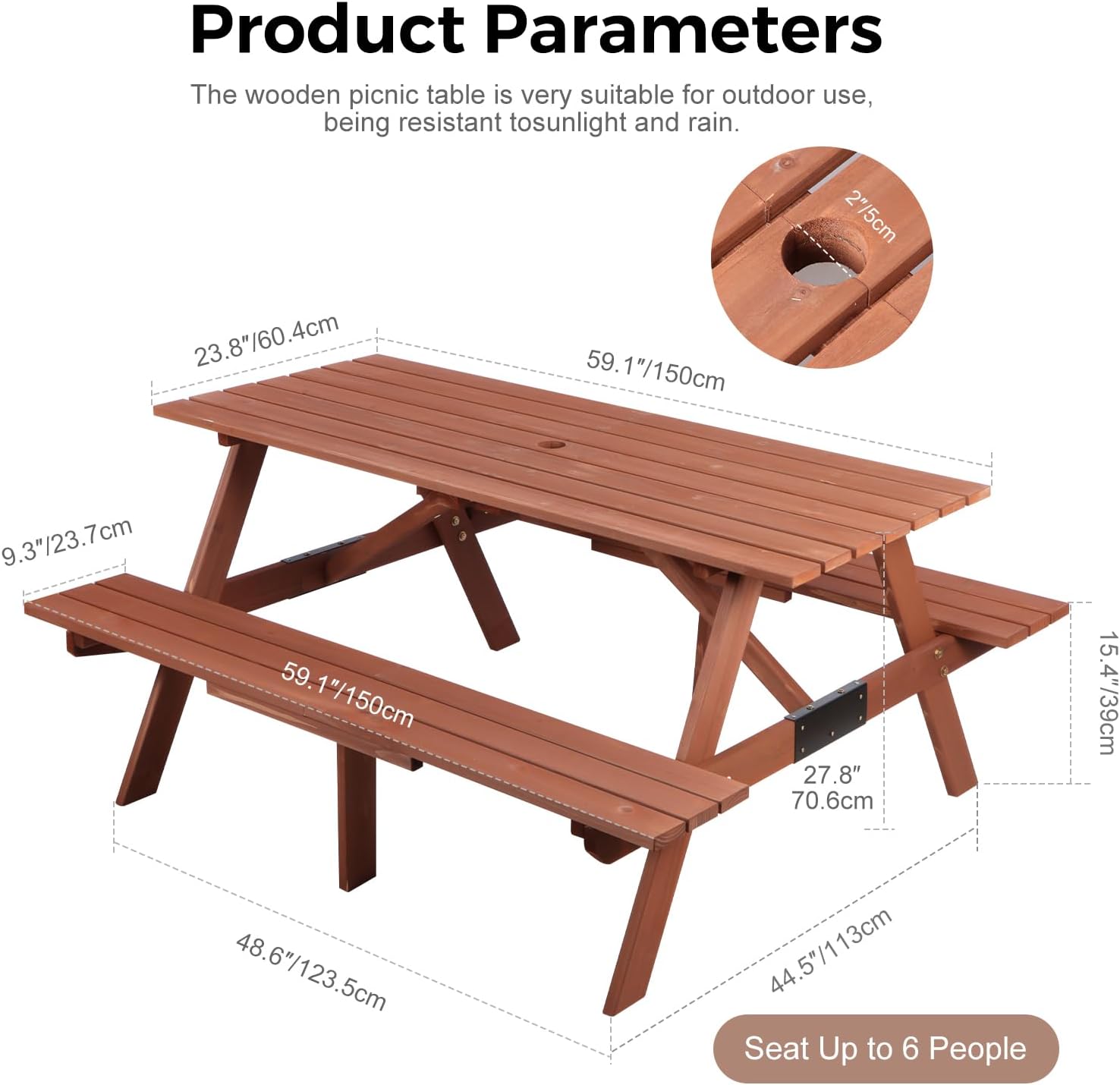 6 Seater Wooden Picnic Table Bench Set Garden Patio w/Parasol Hole