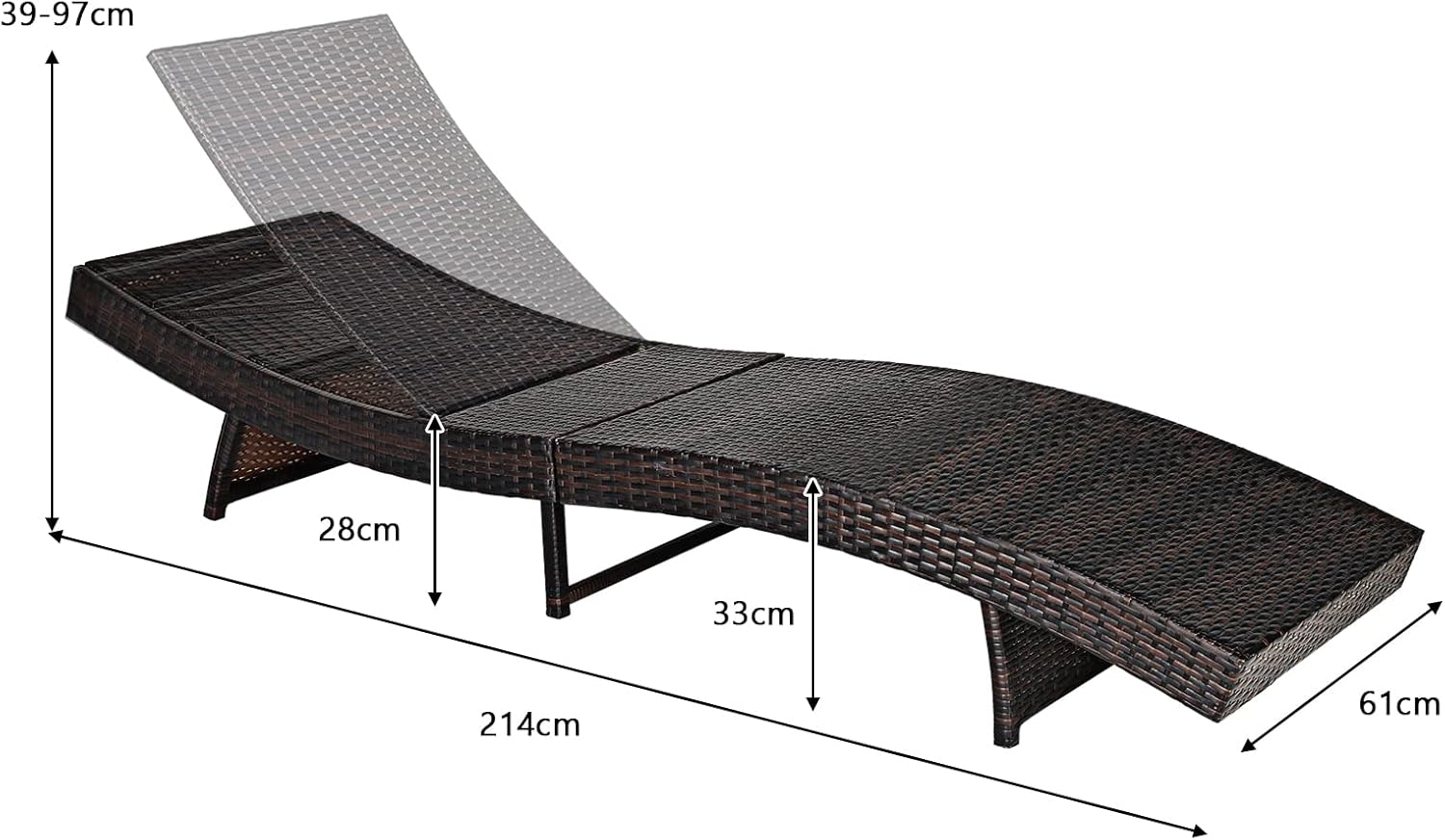 Folding Rattan Sun Lounger 5 Position Cushion White