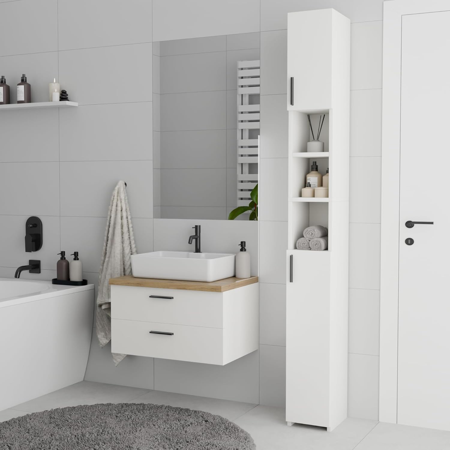 Slim Tall Bathroom Cabinet White 2 Door Shelf Unit