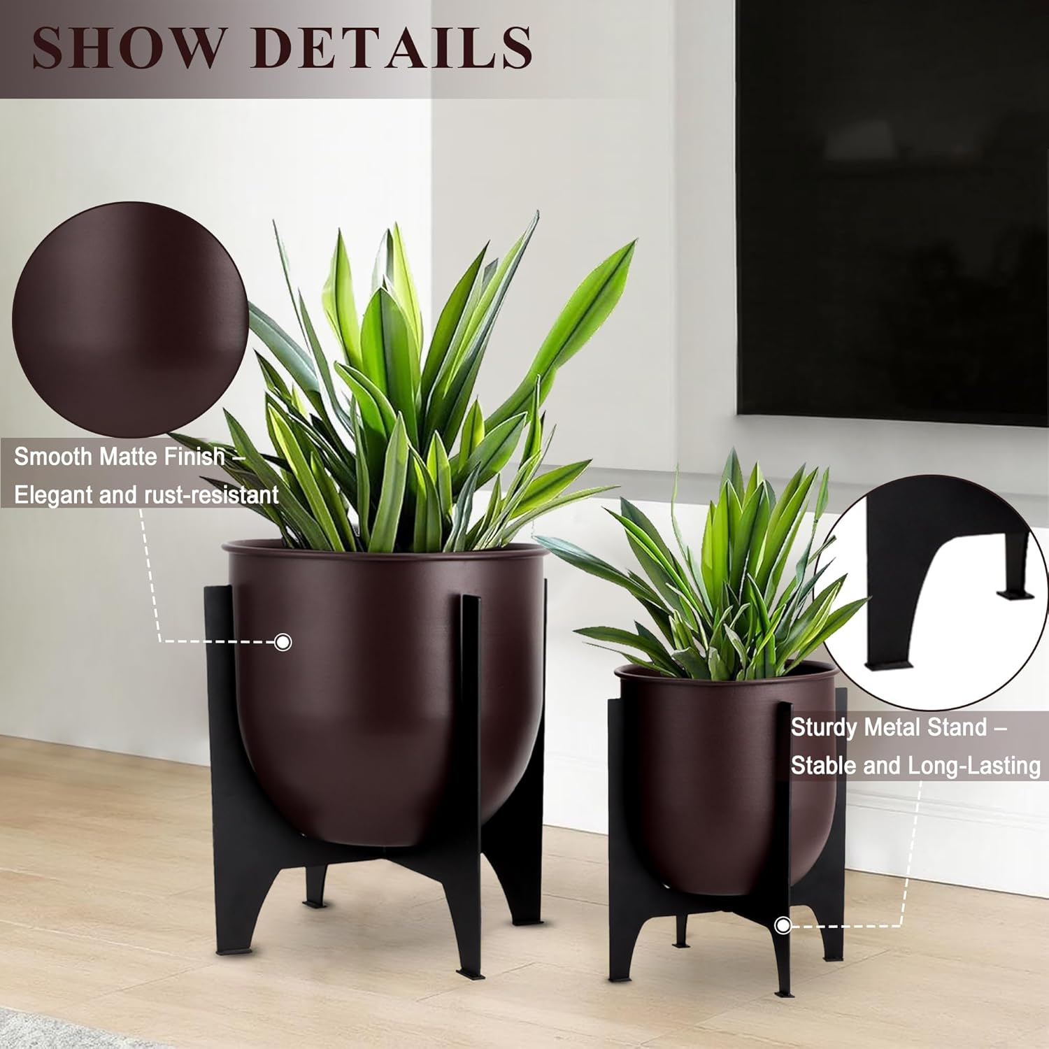 Metal Planters with Stand Set of 2 Brown Indoor Outdoor Pots