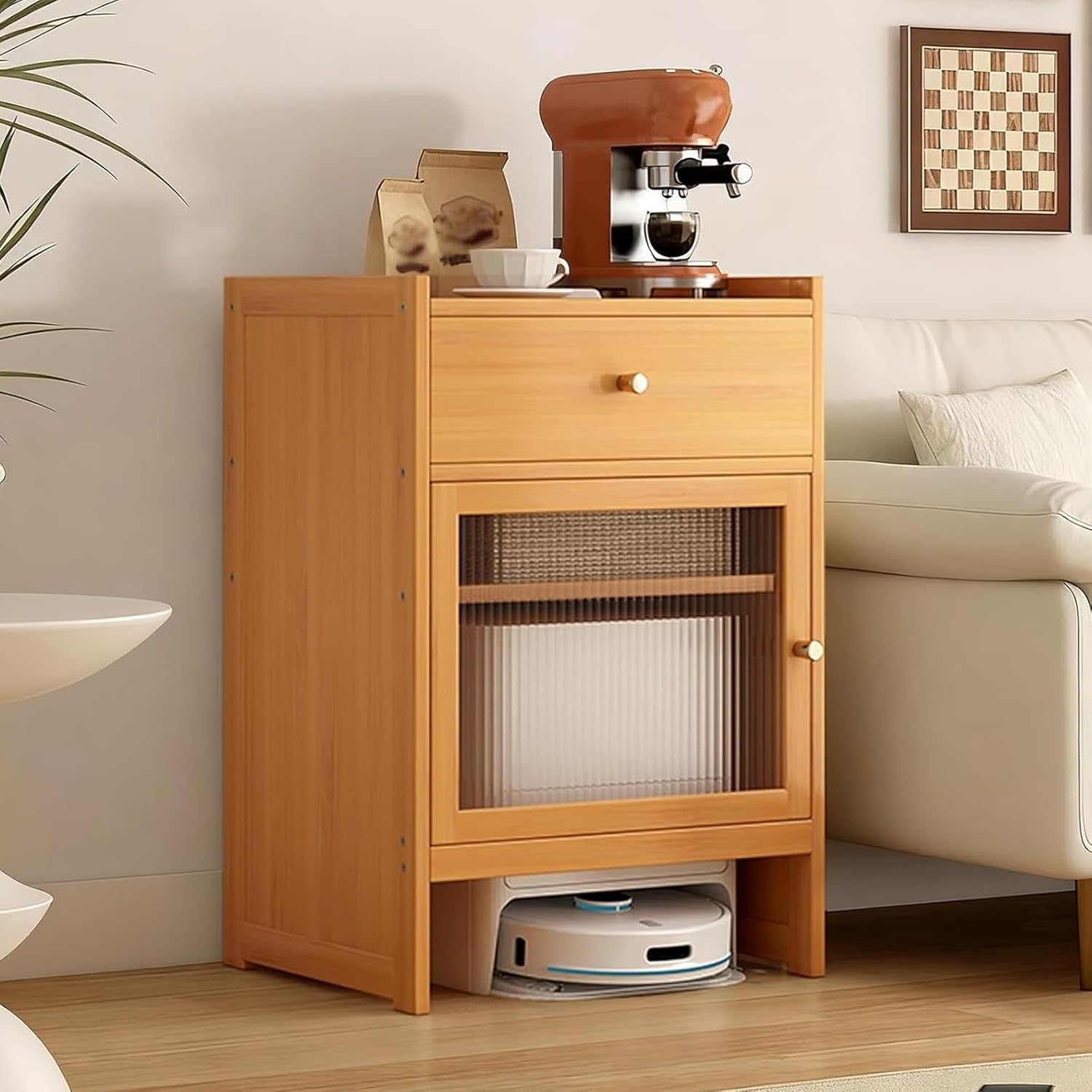 Bamboo Robot Vacuum Storage Cabinet Side Table Glass Door Drawer