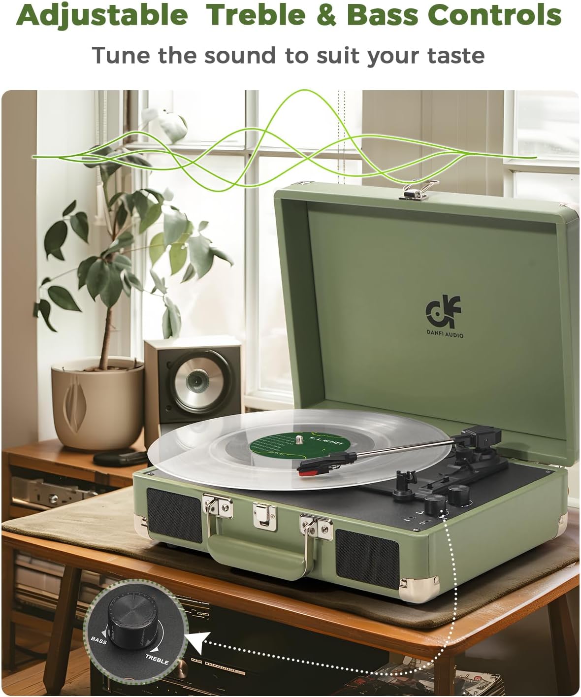 Portable Suitcase Record Player 3 Speed Sage Green