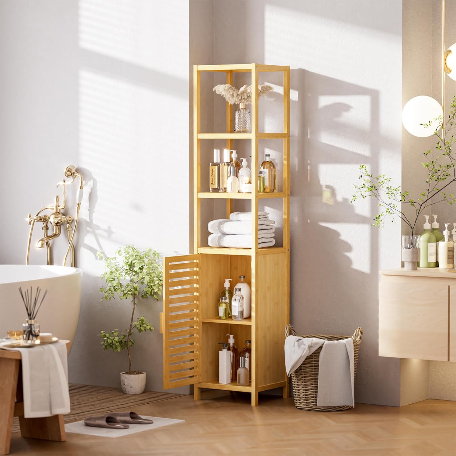 Bamboo Tall Storage Cabinet Natural Shelf Door Unit