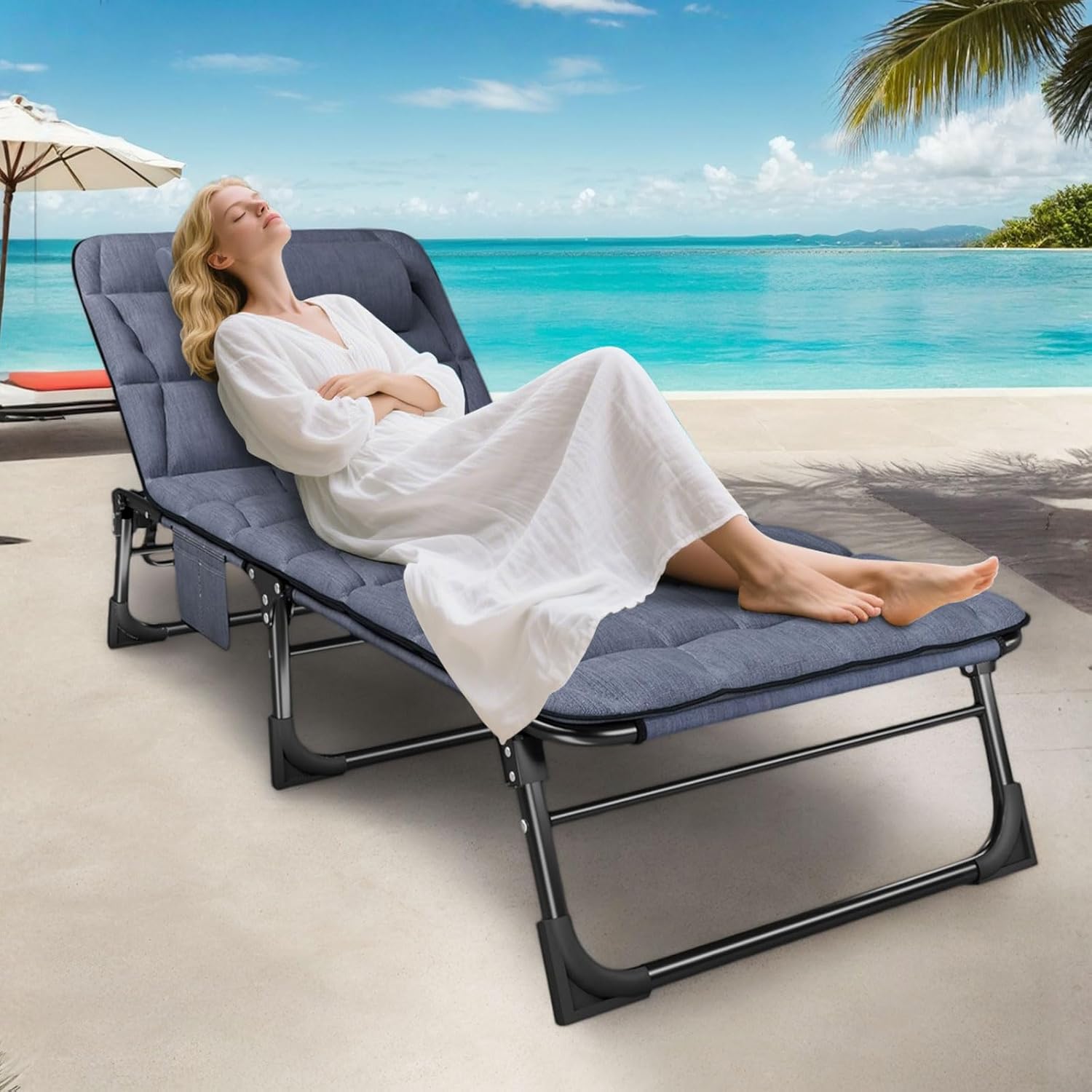 Foldable Sun Lounger Reclining Camping Bed Blue 200kg