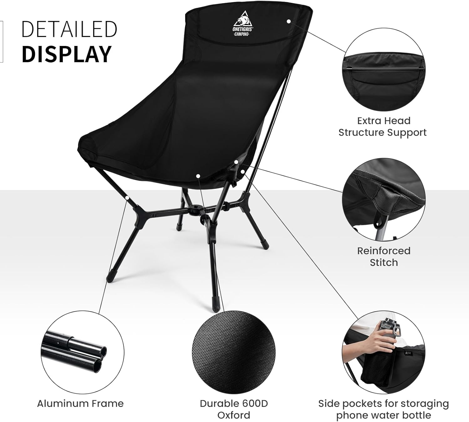 Black High Back Camping Chair Lightweight Folding Seat