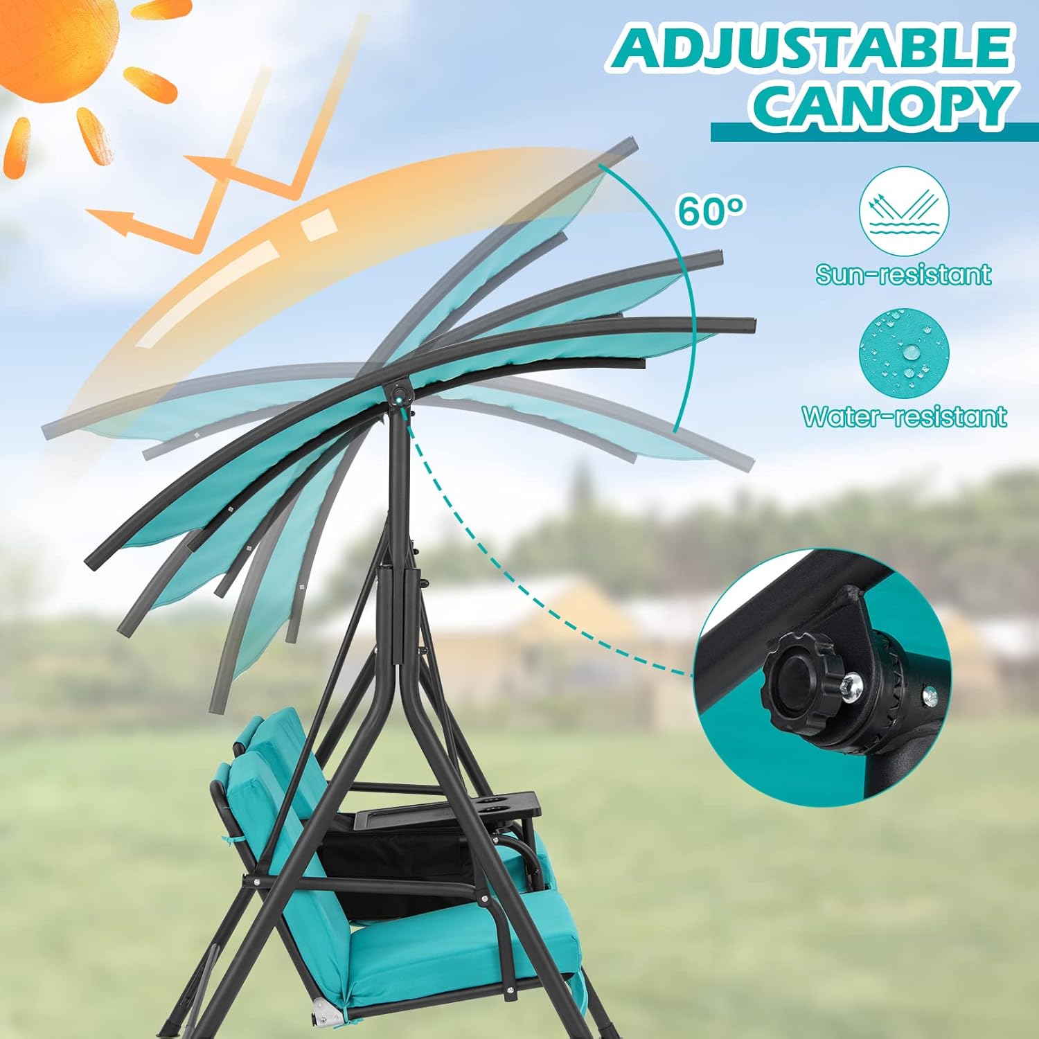 2 Seater Swing Chair Canopy Cooler Tray Turquoise