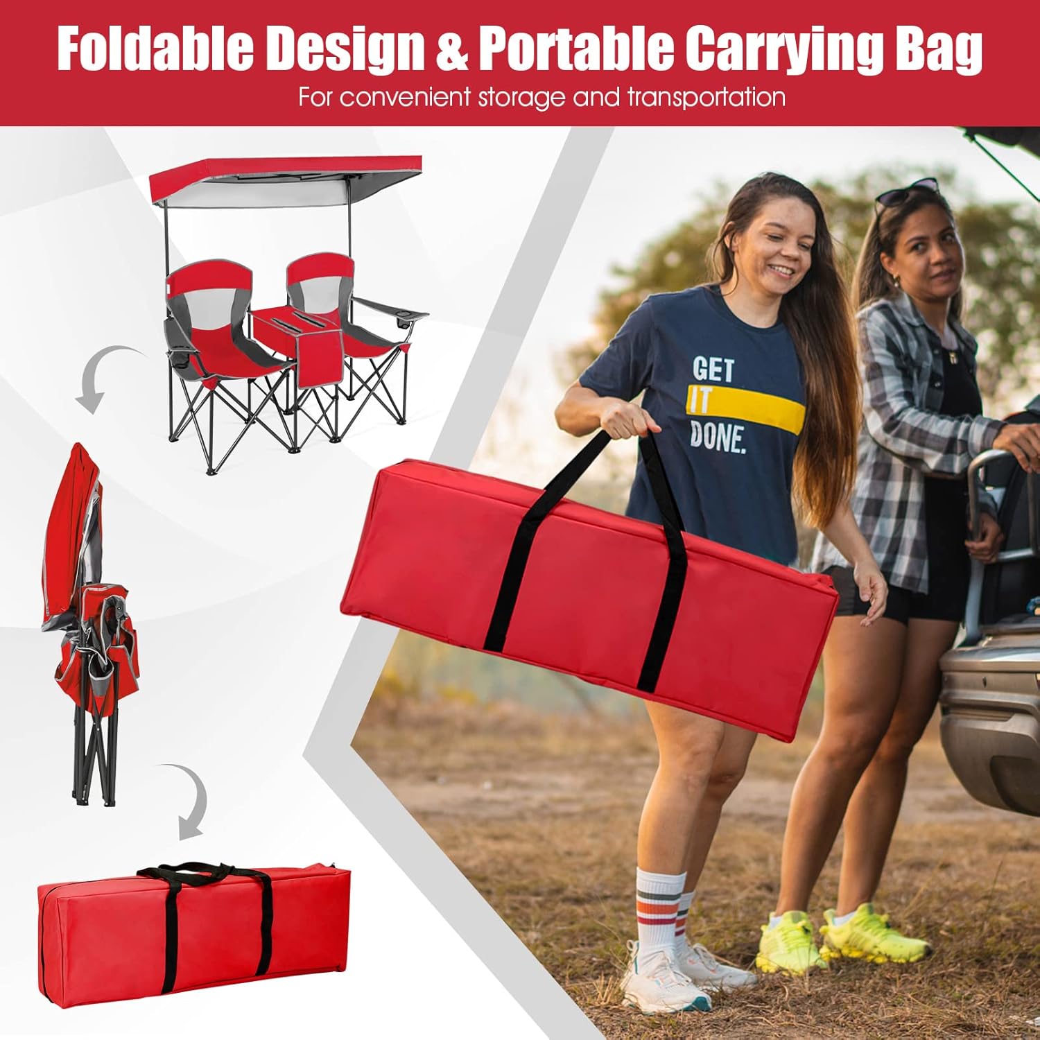 Double Camping Chair with Canopy Cooler Bag Cup Holders Red