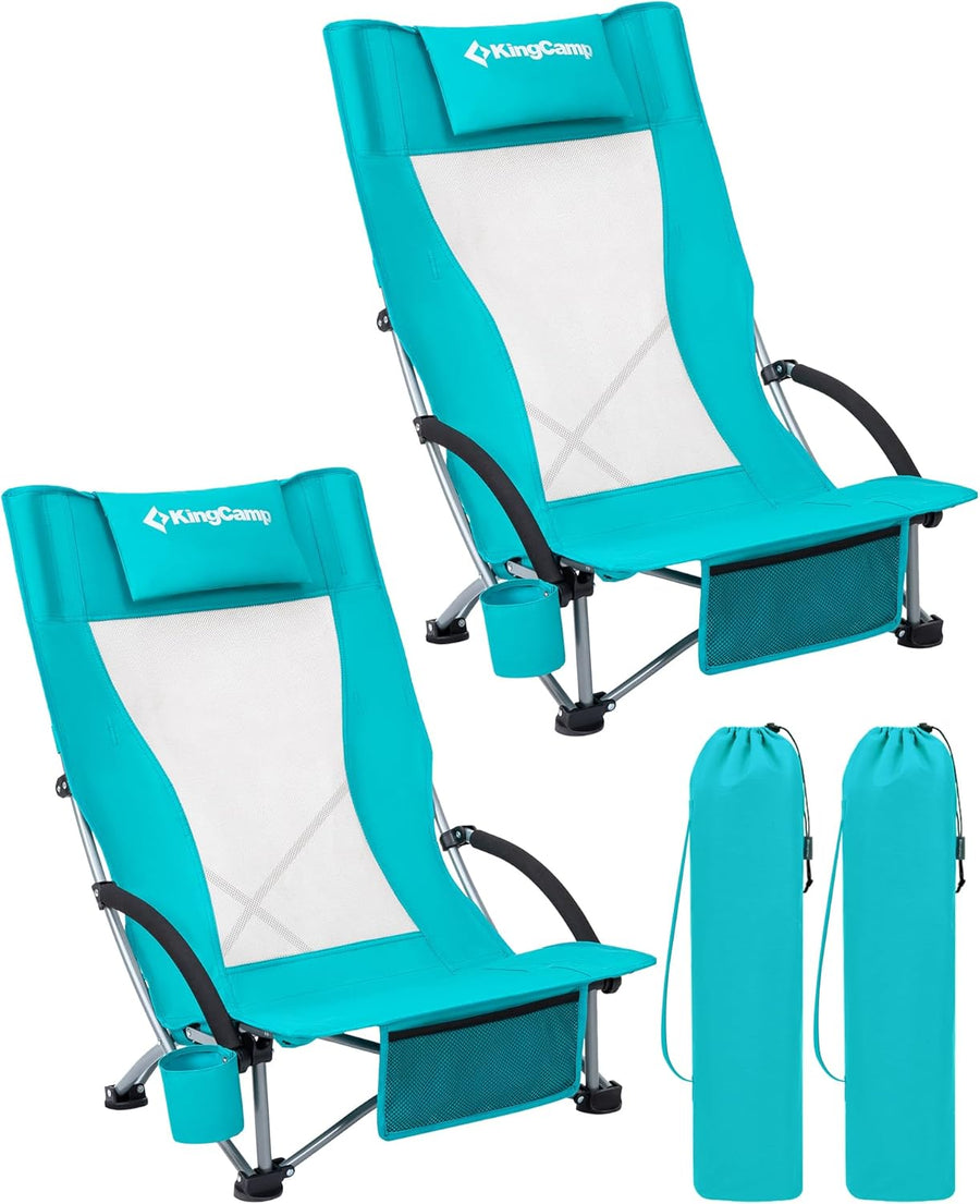2 Pack Cyan Low Folding Beach Chairs Heavy Duty Portable Seats