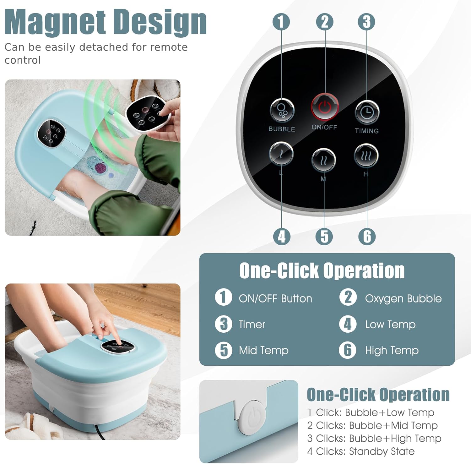 Electric Foot Spa Massager Foldable Heated Bubble Roller Remote