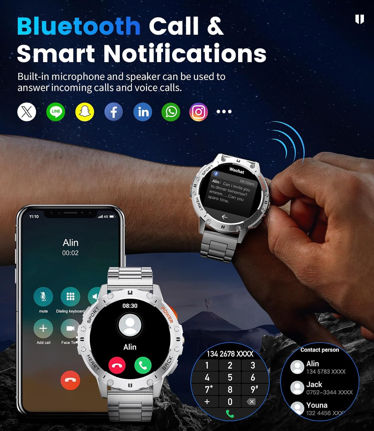 Military AMOLED Smart Watch Bluetooth Call LED Light