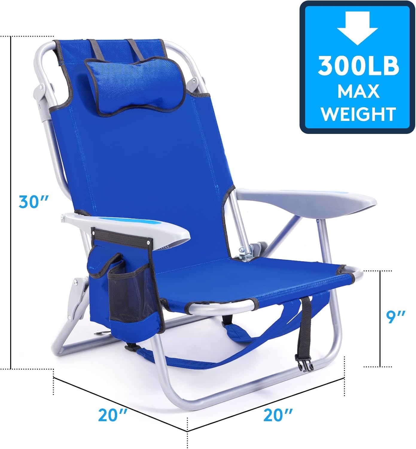 Reclining Beach Chair 5 Position Backpack Foldable Blue