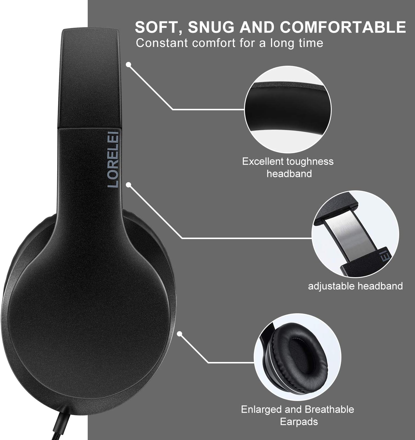 Wired Over Ear Headphones With Mic Stereo Bass 3.5mm Black