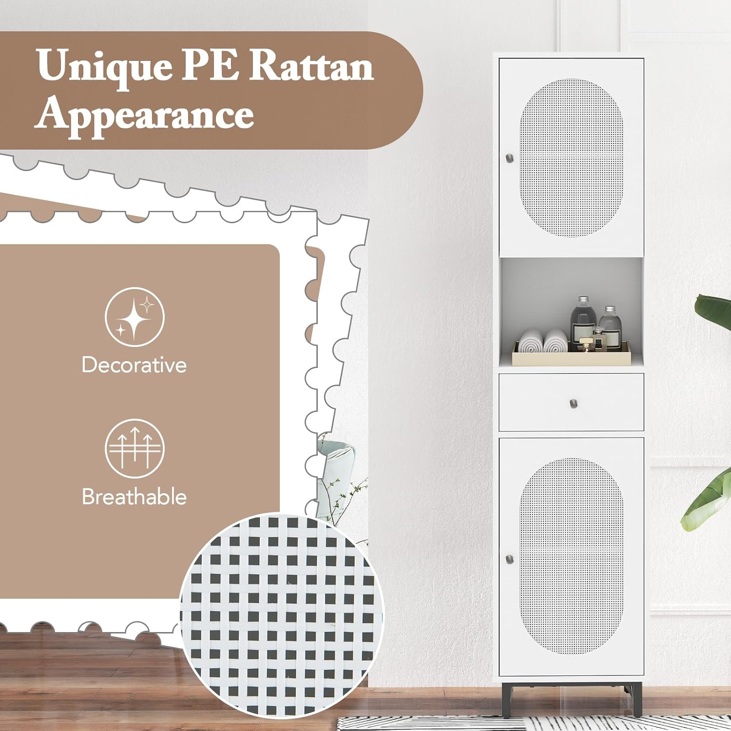Tall Slim Storage Cabinet White Rattan Drawer Door Unit