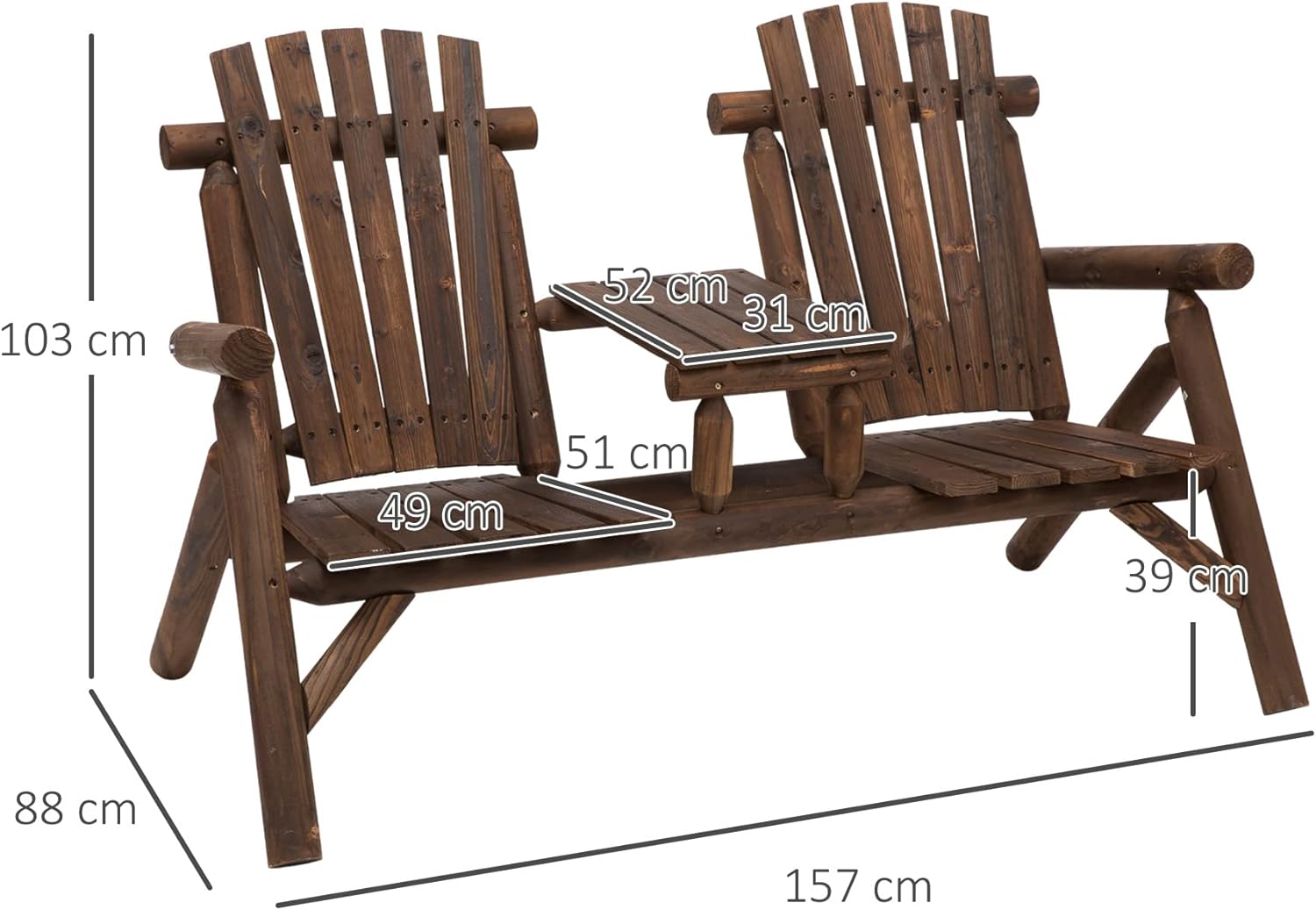 2 Seater Wooden Garden Bench with Centre Table Patio Seat