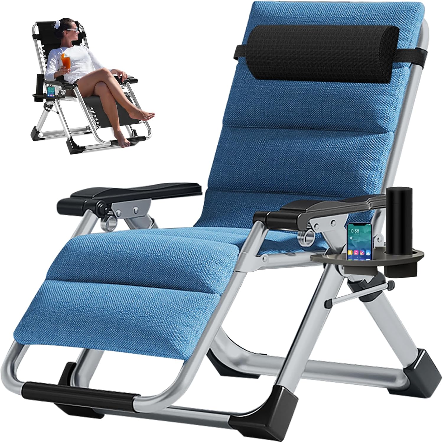 Zero Gravity Folding Sun Lounger Garden Recliner Chair Cushion Blue