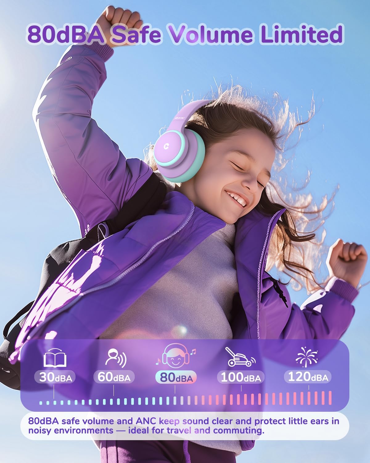Kids Bluetooth ANC Headphones Safe Volume 60 Hour Battery Purple