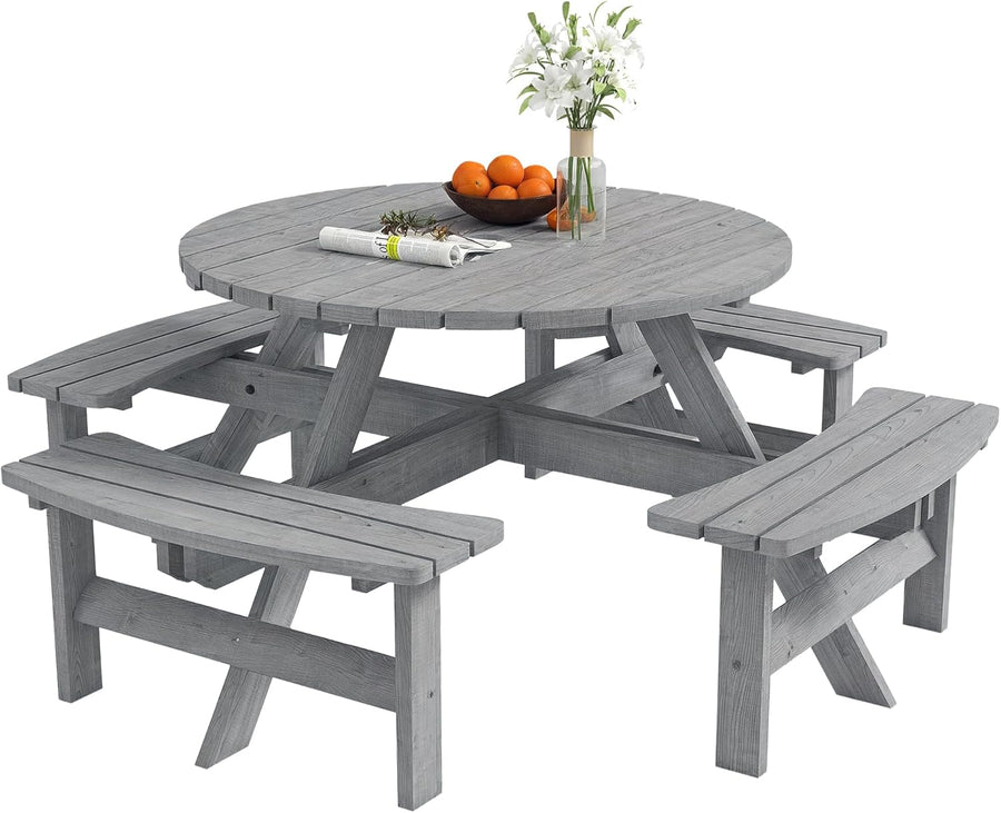8 Seater Round Wooden Picnic Table Bench Set Patio w/Parasol Hole