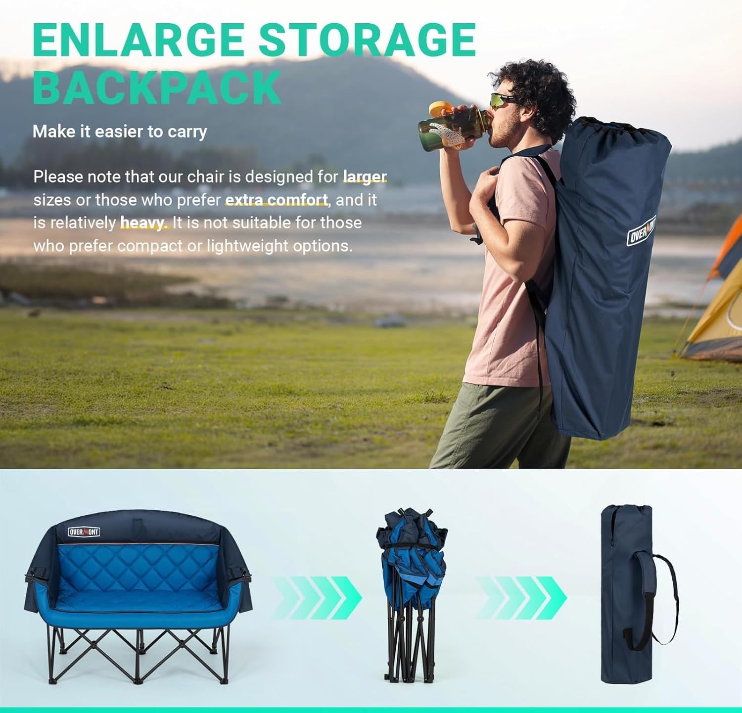 Oversized Double Camping Chair 2 Seater 382kg Blue