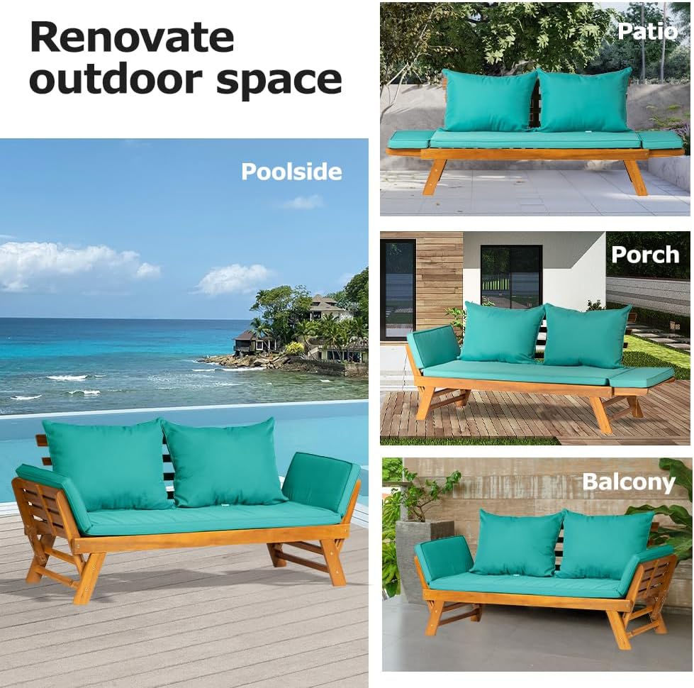 Convertible Acacia Wood Patio Sofa Bed Daybed Outdoor Loveseat